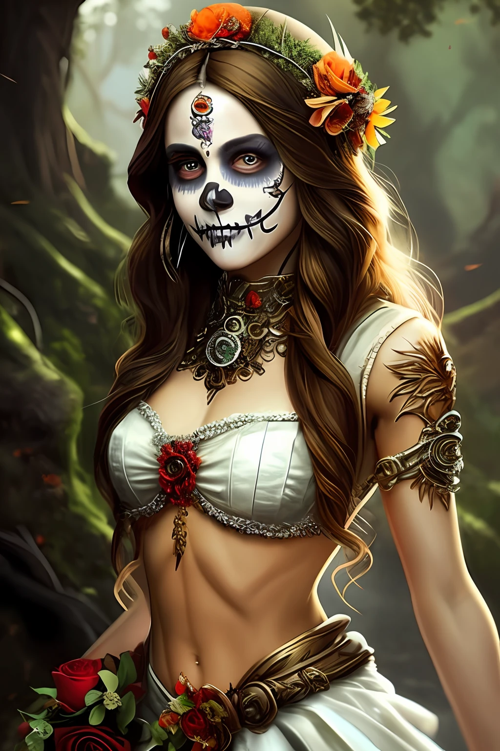 Mulher jovem, sorriso macabro, dentes afiados, olhos verdes, roupas gregas brancas, Claws in the hands, cabelos cacheados, rattlesnakes in hair, chifres para baixo