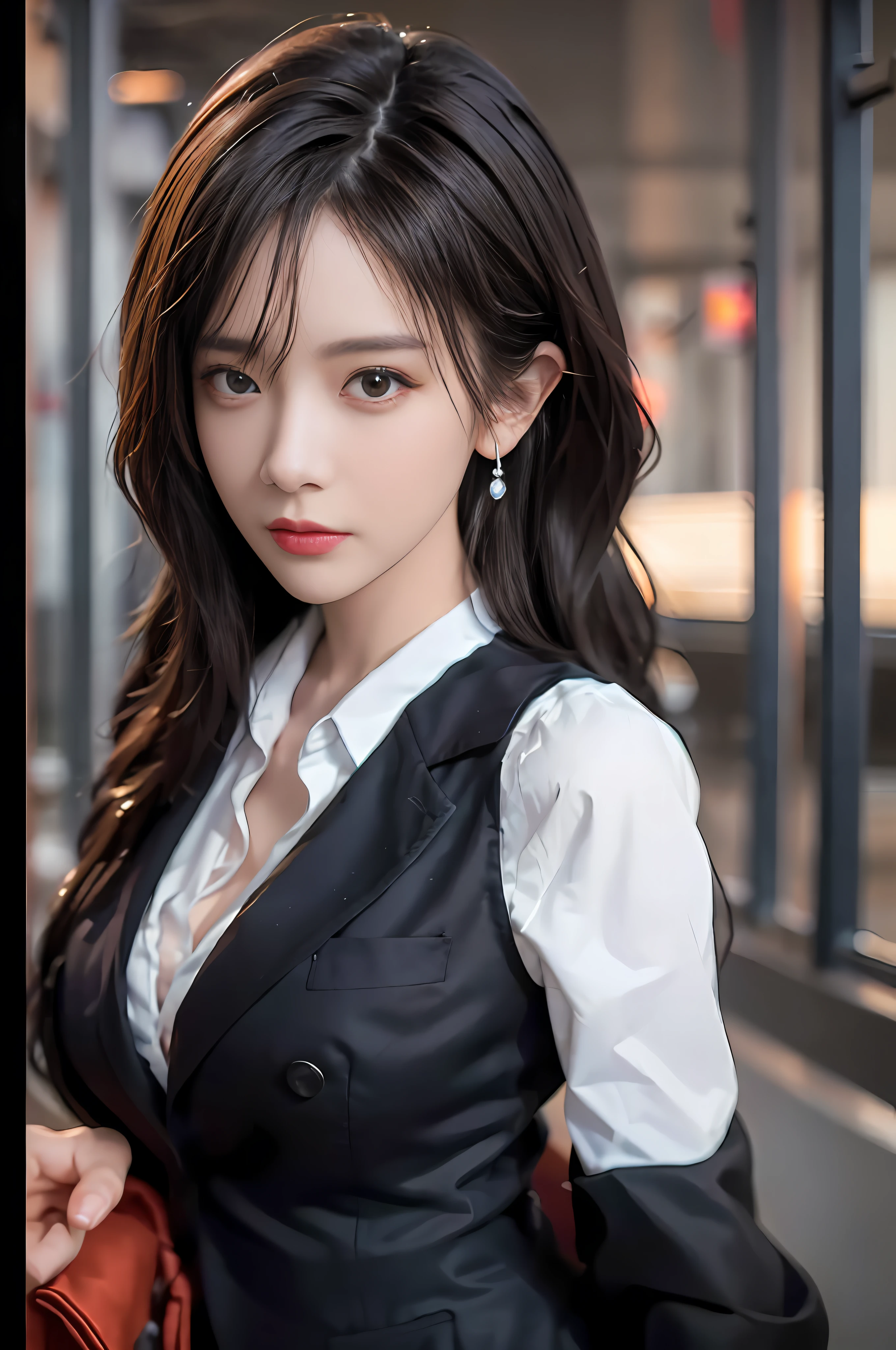 best quality, masterpiece, 1girl, Beautiful face, (photo realistic:1.3), rim lighting, (high detailed skin:1.2), 8k uhd, dslr, high quality, high resolution, 4k, 8k, Bokeh, absurdres, best ratio four finger and one thumb, (realistic:1.3), cute 1girl, wearing black formal blazer, medium breasts, short skirt,
