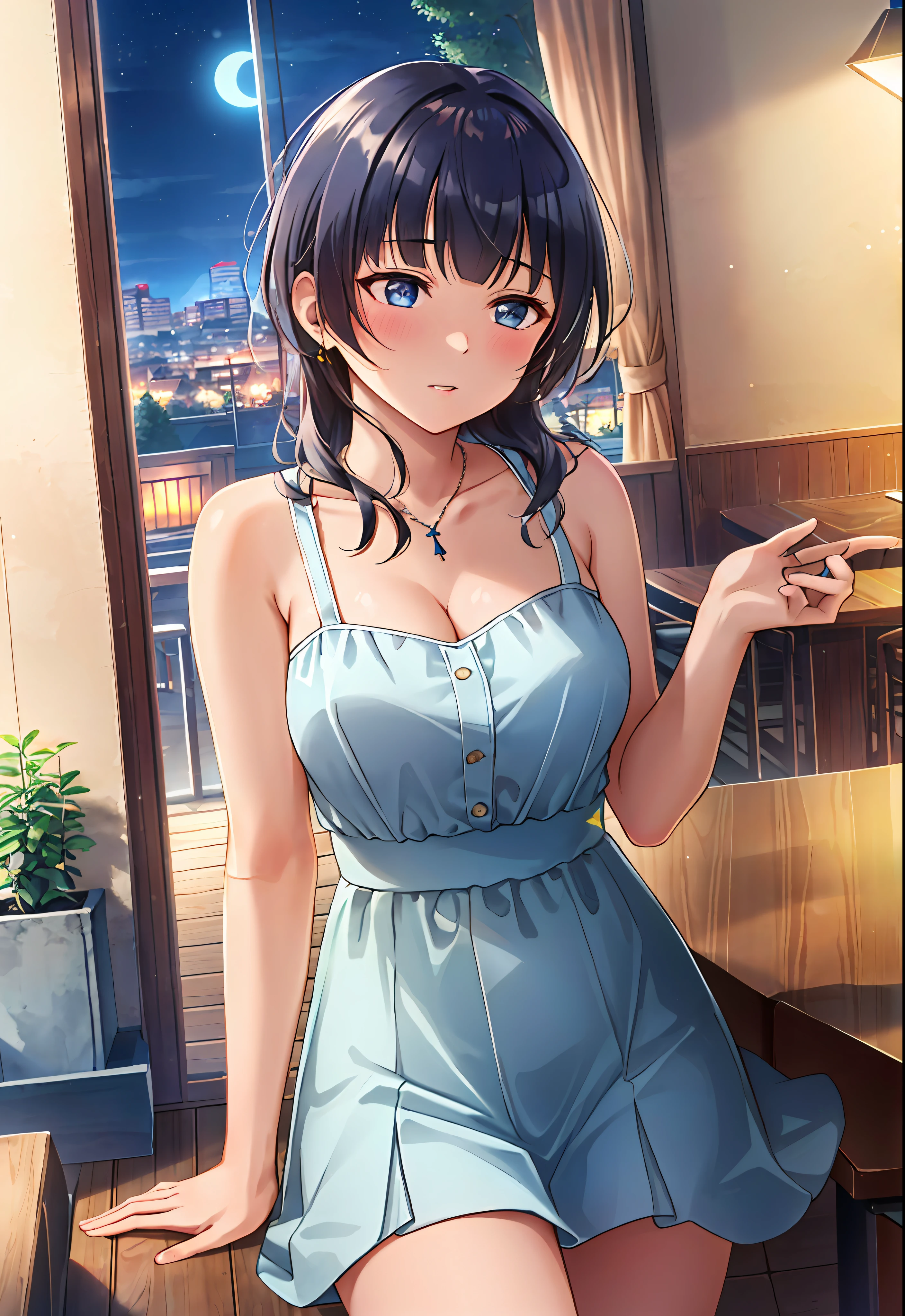 (8k, best quality, masterpiece:1.2),(best quality:1.0),ultra highres:1.0,  extremely detailed, render, 4k, absurdres, HDR, 
 lips, parted lips, closed mouth, medium breasts, (pov across table), sitting on chair, table, (arm support),(arm rest),by the window,distracted,sitting,collared shirt, sleeveless, bare shoulders, night,cafe,looking away,neon lights,streetspace