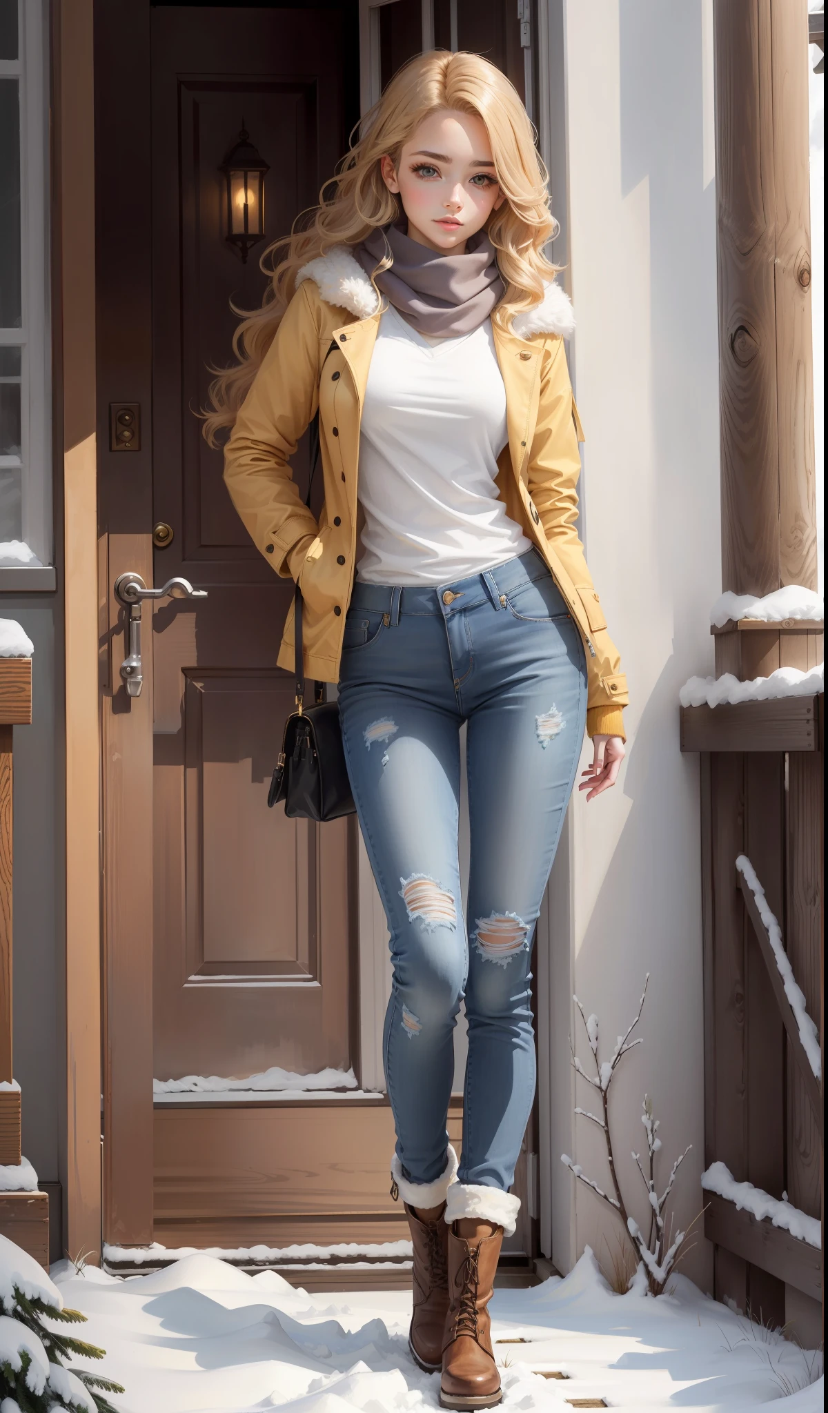 a woman in a jacket, light coloured jeans, wool gloves, cute face, boots with fur, scarf , 17 years old, pretty face , long hair , ((honey coloured hair)) and gleaming detailed deep brown eyes, slim frame, medium breasts, long legs, beautiful face, standing pose, soft lips, winter themed, full body, beautiful face