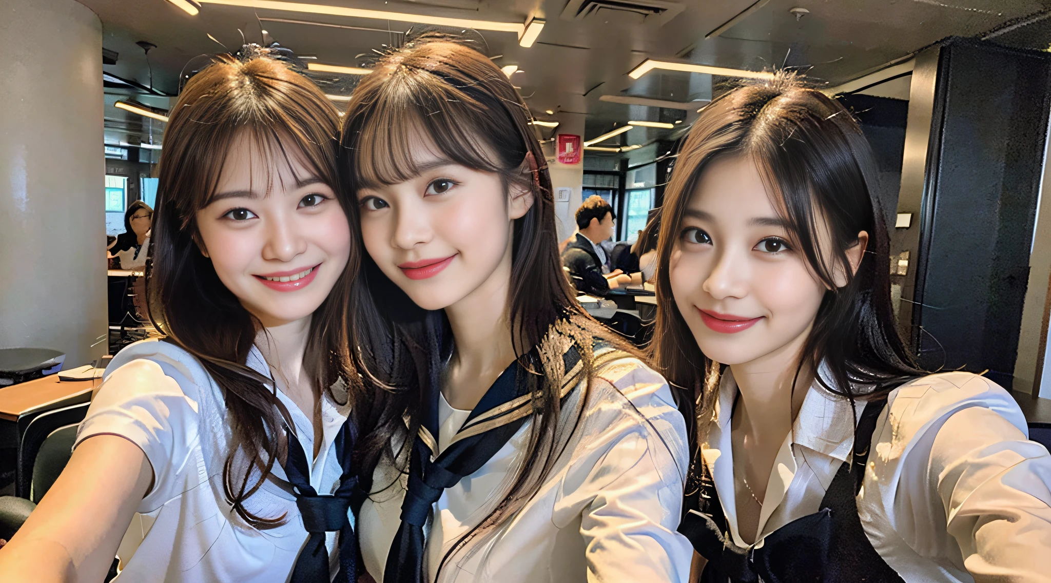 (8K、Raw photography、top-quality、masterpiece:1.2)、ultra-detailliert、ultra res、(hyper reality、)ultra-detailliert、ultra res、(realisitic、Real Photographics:1.47)、(Hugging each other)Leaning closer、(Fantastic lighting)Hugging、电影灯光、de pele branca、Fair-skinned female proofreading、An ultra-high picture quality、Stylish lighting、Beautiful female proofreading reflecting in light、amazing detailed、Beautiful girls in very detailed、Faces with different patterns、Different face patterns、Each hairstyle has its own characteristics、Farbe々Hairstyle、Farbe々Hair color、Circle of Angels、Having a conversation in a classroom at school、Brown hair shining in the light、One has a ponytail、、Modern cute high school girl、very detailed faces very detailed eyes、Very realistic skin、 extremely detailed fingers, highly detailed nose, highly detail mouth, perfect anatomia, Highly detailed sailor suit、highly detailed back ground,After school、Smiling school girls are gathered in the hallway of the school。They are hugging each other in uniform、Light from bright windows illuminates the classroom、The details of their hair and uniforms shine through.。, famous Japan idol, cute little, Realistic body, de pele branca, glistning skin, Slim body, Long straight hair, (Blunt bangs:1.2), two young women in school uniforms hugging each other in a hallway, two japanese schoolgirls posing, nixeu and sakimichan, TWICE, Seifuku, sakimichan, JK Uniform, wearing japanese school uniform,