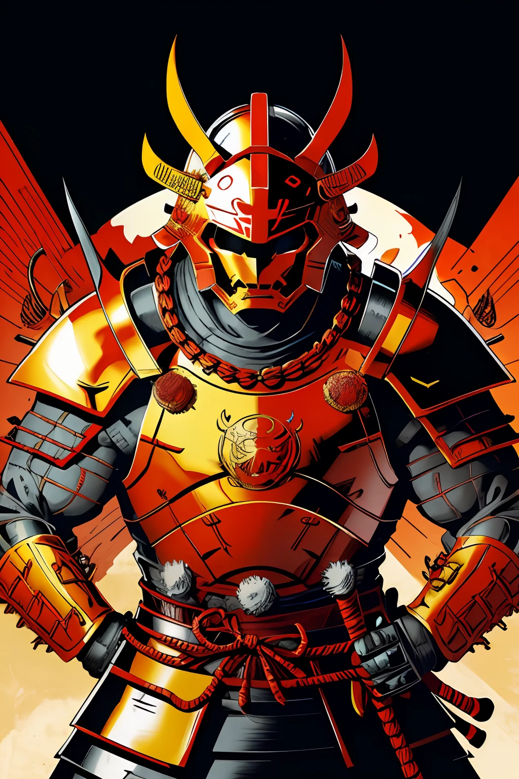 1man, ( oni helmet and mask), japanese samurai armor, golden chain, glowing eyes, mecha, japanese traditional style ,(katana pose) , fuji mountai
, negative space, clear lines, high contrast, simplified
(comic style), (colored line art:1.5)