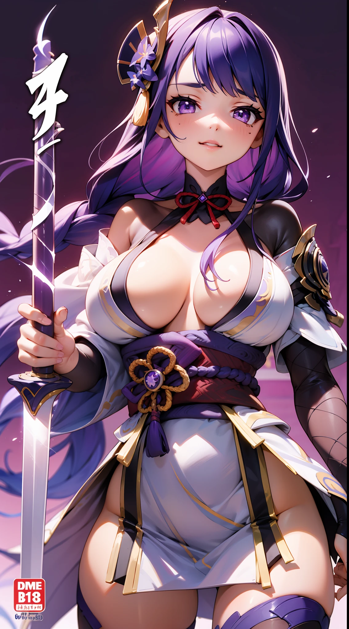 Raiden Shogun's influence on Genshin,Pure purple premium manga background，Pull out the thunder sword from the chest，Expose abs，Slim figure，huge tit，Clothes open，The upper body is short sleeves，White dress at the bottom，Mesh garment，Cocked buttocks，Fleshy thighs，Below the waist are mesh stockings，Masterpiece，Comic cover style，Comic title，hyper-detailed face，Deep rendering