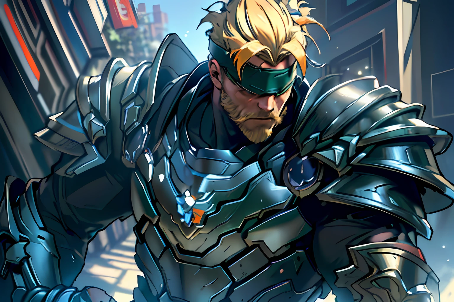 (masterpiece, highres, ultra detailed, best quality:1.2), (colorful, depth of field, dutch angle, person-centric:1.4), green light, reinhardt, muscular man, blonde hair, red blindfold, beard, detailed eyes and detailed face, handsome, Destiny game Warlock style armor, white and silver armor soft light, sunlight, city street, looking away,