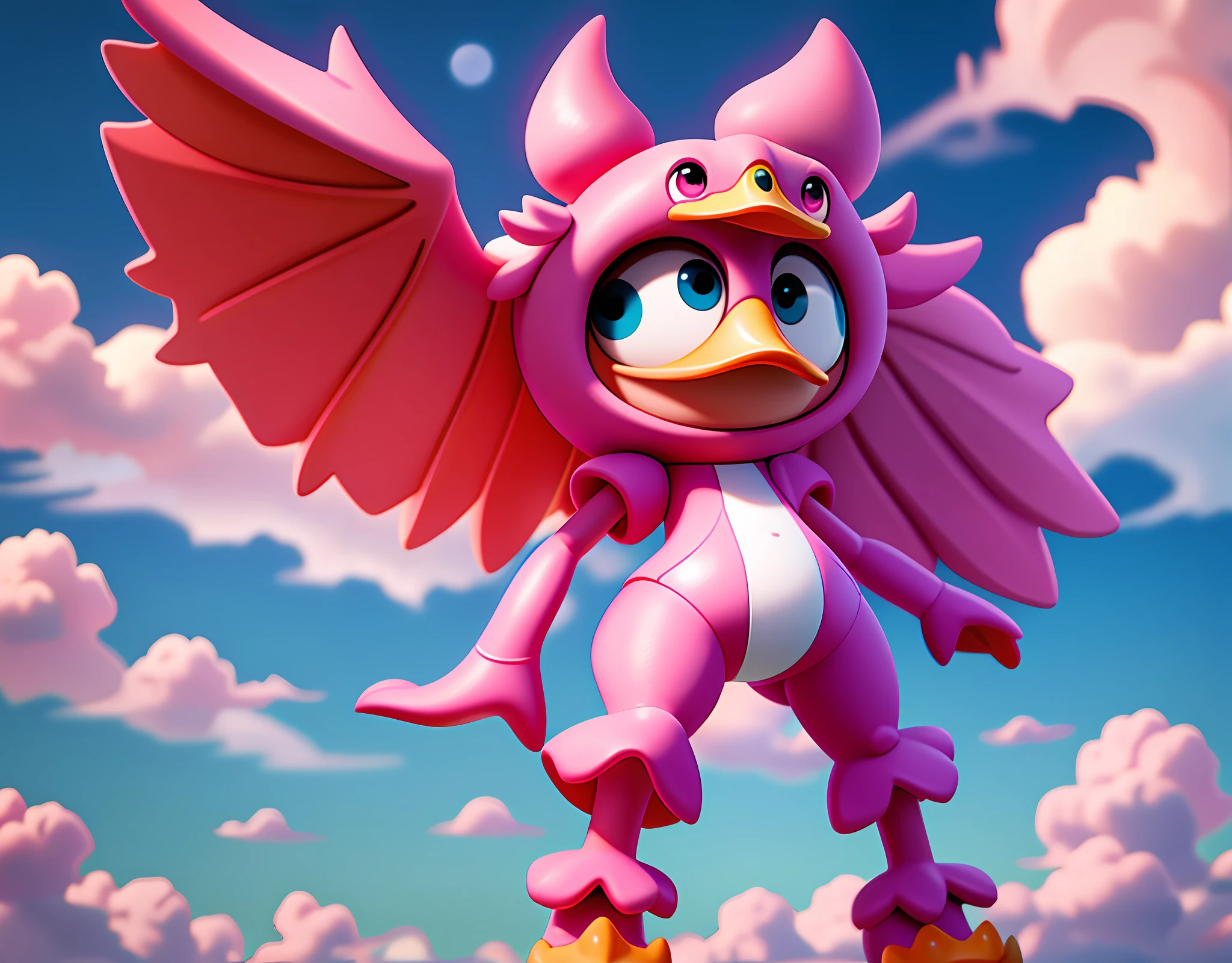 Bipedal creature resembling a pink duck with one large eye, no limbs, floating peacefully amidst the clouds, masterpiece, best quality