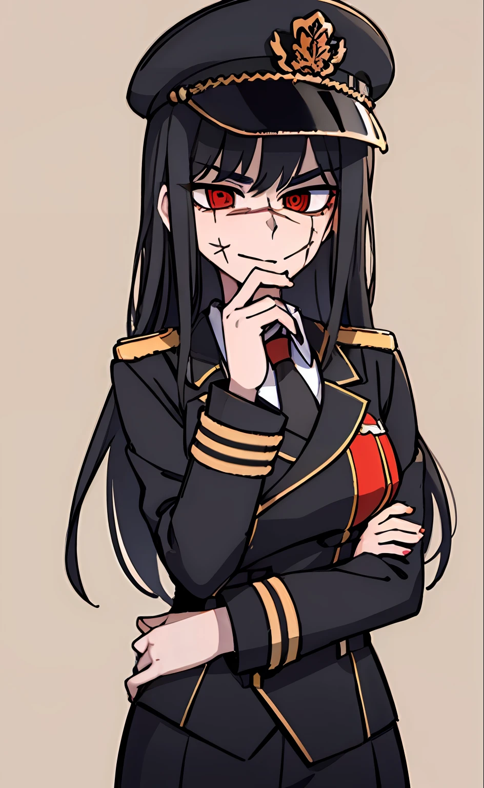 (masterpiece, best quality: 1.2), Solo, 1girl, Yoru \(Chainsaw Man\), looking at the viewer, different poses, red eye, long hair, completely black hair, reference to clothing of a German WWII general, black long sleeves (best quality), scar on face, beautiful eyes, has only 2 arms, has war medals on his clothes, Black Military Cap, Golden Eagle Medal on Clothing, (Wallpaper), (8K HD), (8K HD), Golden Shoulder Pads, Sprites, 1 Single Design (masterpiece, best quality: 1.2), Solo, 1girl, Yoru \(Chainsaw Man\), looking at the viewer, smile, happy, different poses, red eye, long hair, completely black hair, reference to clothing of a German WWII general, black long sleeves (best quality), scar on face, beautiful eyes, has only 2 arms, has war medals on his clothes, black military cap, golden eagle medal on clothing, (wallpaper), (8K HD), (8K HD), (8K HD), golden shoulder pads, sprites, 1 single design