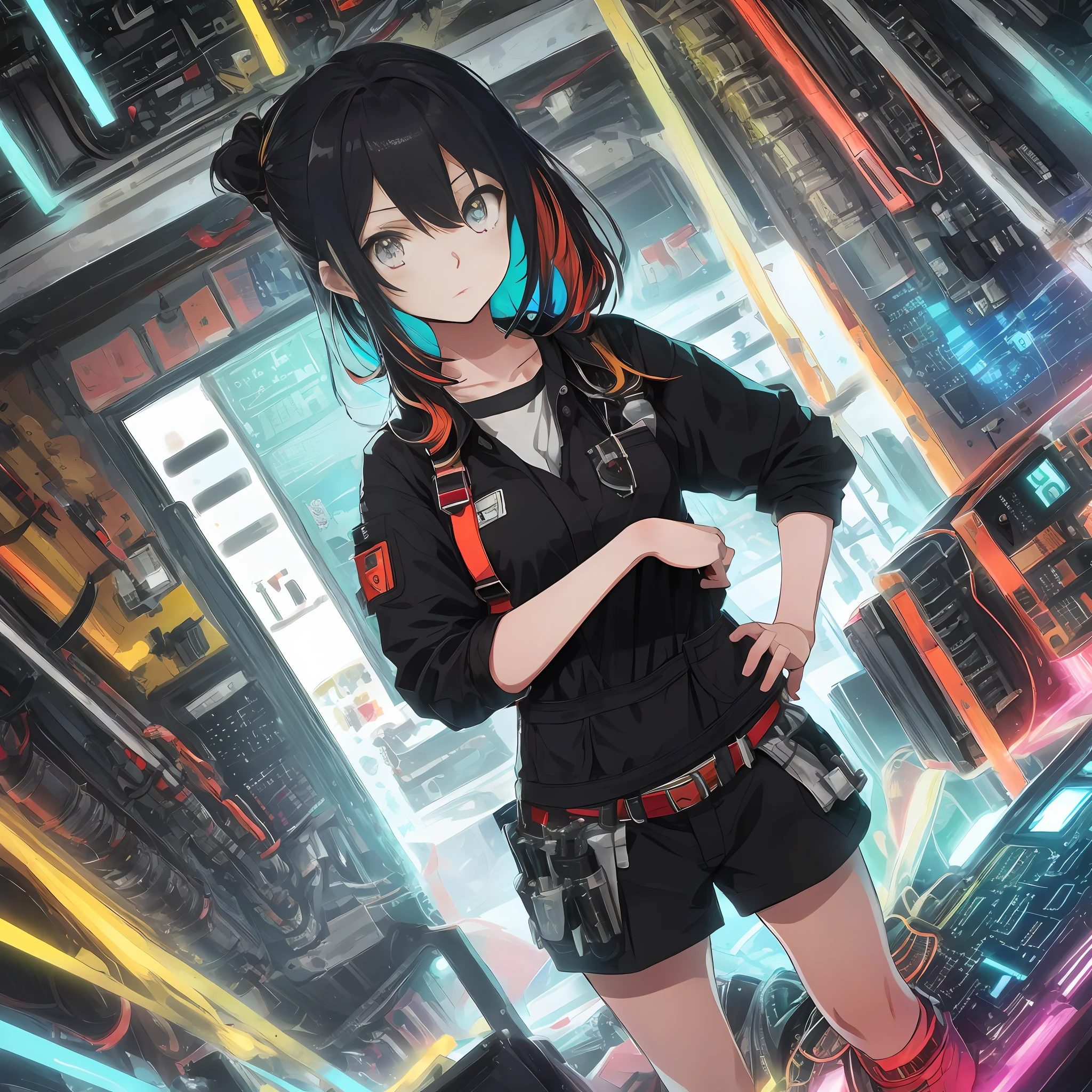 masutepiece, absurderes, hight resolution, ultra-detailliert, Detailed, Vivid contrast , (1 girl, 30-years old:1.1), Adult, Colorful cloth, multicolored hair, (be bashful) , put hands on the hip , mechanic, Mechanic Room, Electronic Circuit Girl, wrench