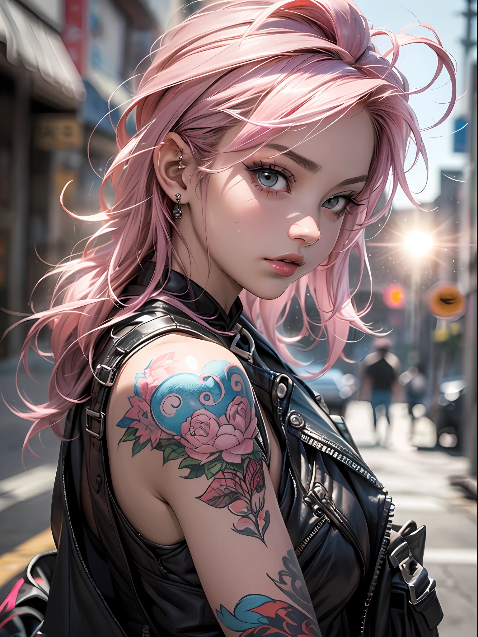 (top-quality、8K、32K、masterpiece、nffsw:1.3)、(Photorealsitic:1.4),18-year-old punk girl,turned around、Wacky punk hair,Radical punk fashion,Tank Tops、Leather Vest、A pink-haired,Wacky makeup、a lot of tattoos、Street background、lensflare、depth of fields,blurry backround,,,,,,,,,,,,