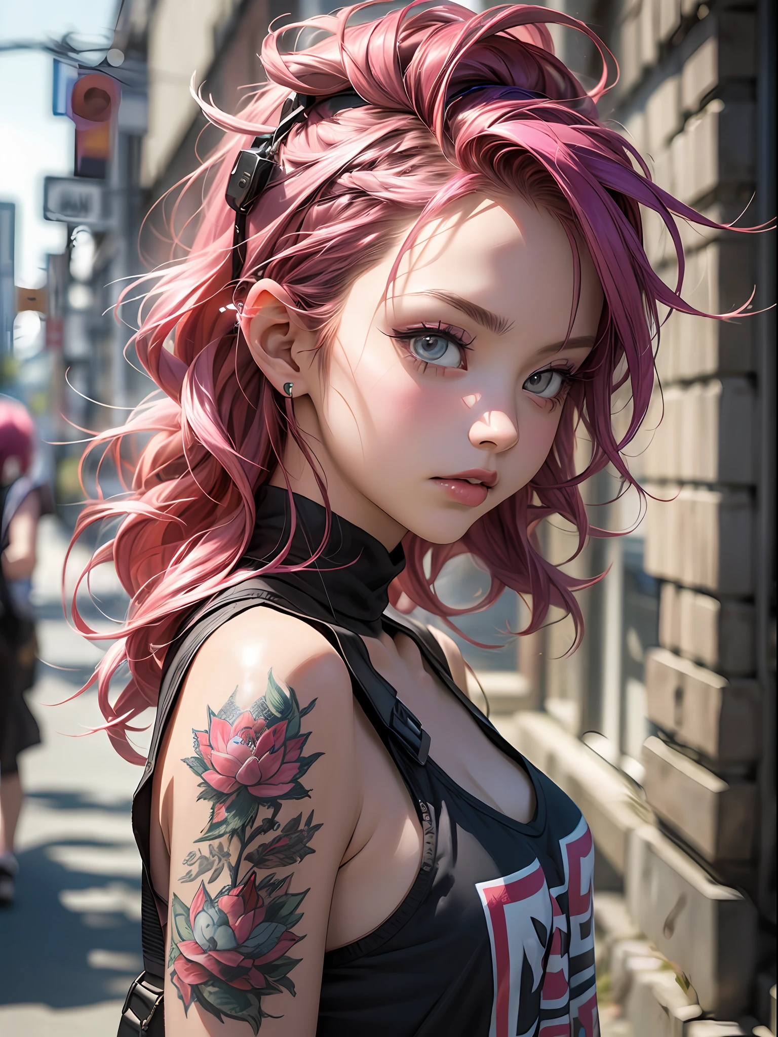 (top-quality、8K、32K、masterpiece、nffsw:1.3)、(Photorealsitic:1.4),18-year-old punk girl,turned around、Wacky punk hair,Radical punk fashion,Tank tops、、A pink-haired,Wacky makeup、A lot of tattoos、Street background、lensflare、depth of fields,blurry backround,,,,,,,,,,,,