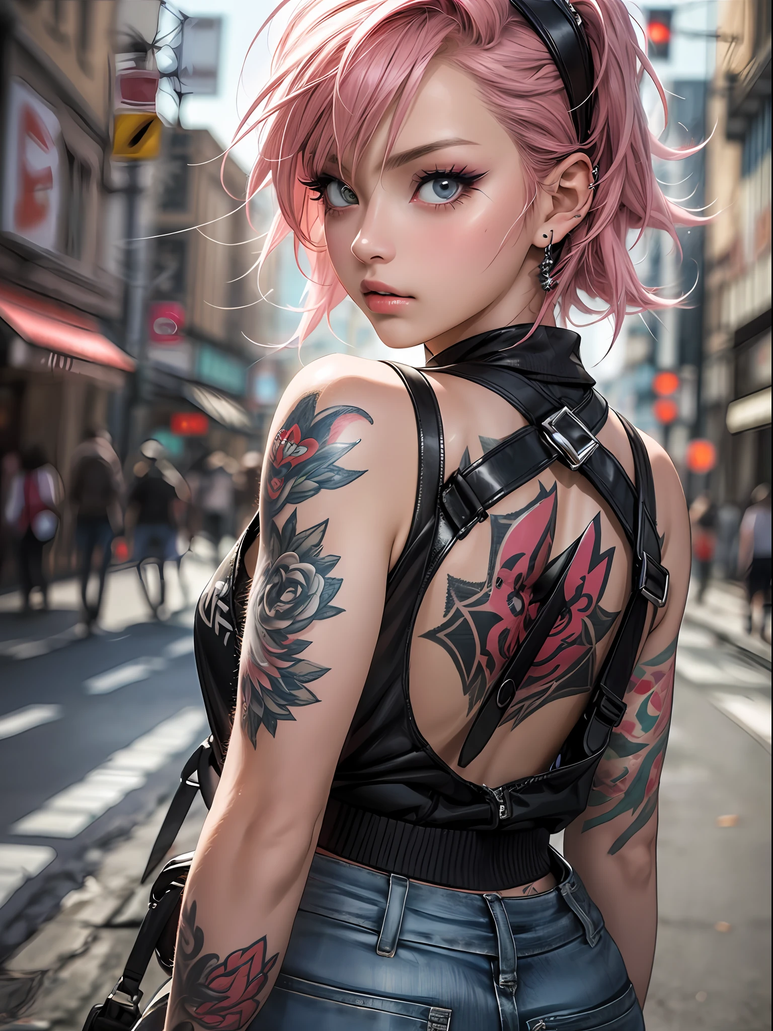 (top-quality、8K、32K、masterpiece、nffsw:1.3)、(Photorealsitic:1.4),18-year-old punk girl,turned around、Wacky punk hair,Radical punk fashion,Tank tops、、A pink-haired,Wacky makeup、A lot of tattoos、Street background、lensflare、depth of fields,blurry backround,,,,,,,,,,,,