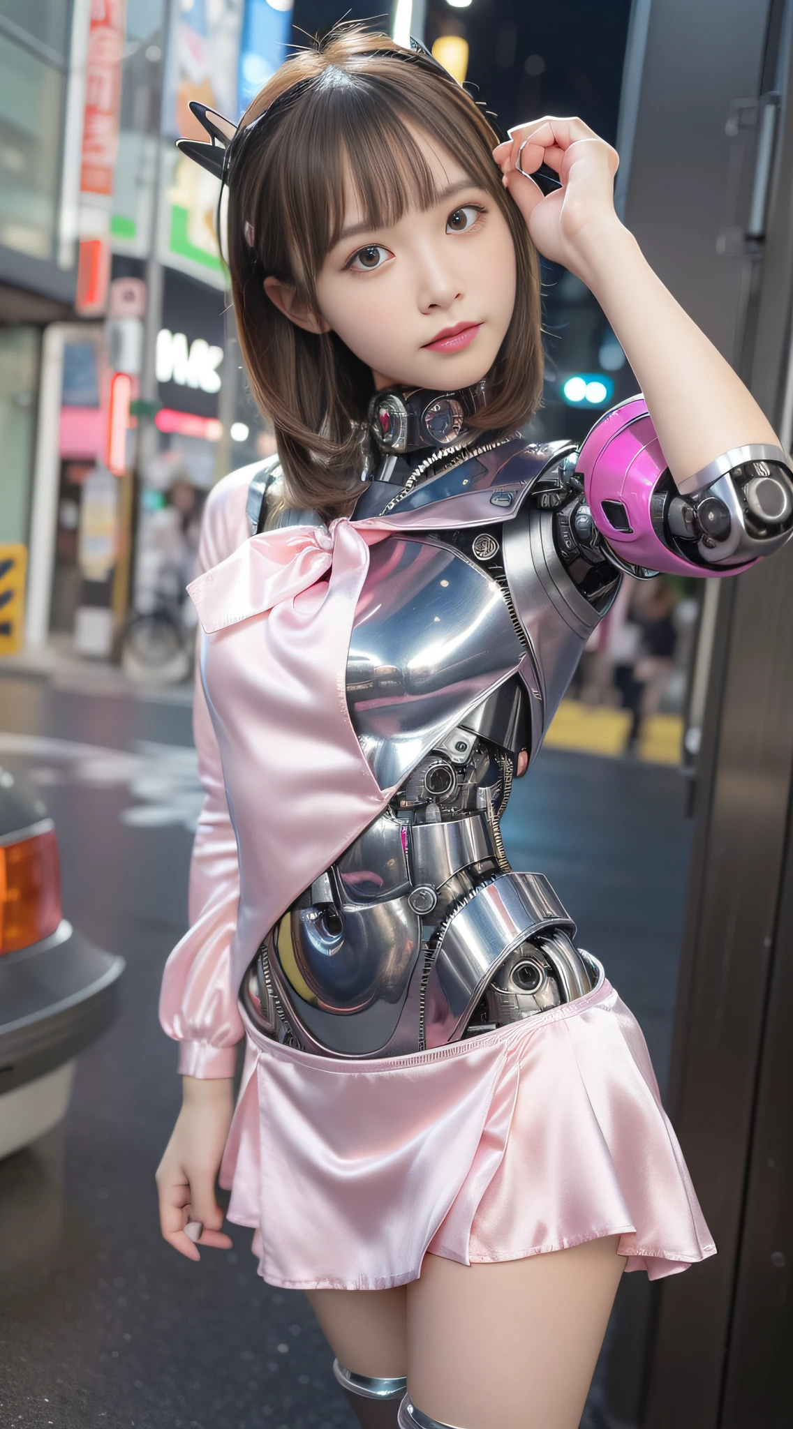 (Photorealsitic:1.4)、Onegirl、(top-quality),(hyperdetailed face)、(Super well-formed face)、((Robot Parts))、(Cyborg girl)、(Silver)、(metalic)、(fullllbody)、(Moe Pose)、(「Love infusion」Pose of)、(Slender body)、(tits out)、(Model body type)、(mecha exposure)、(akihabara)、(is looking at the camera)、(A dark-haired)、(9Head and body)、(a small face)、(Idol)、(front facing)、(is standing)、(Photo session)、(Looks sad)、(Cyborg girl in pink satin dress)、(sleeve less)、(a miniskirt)