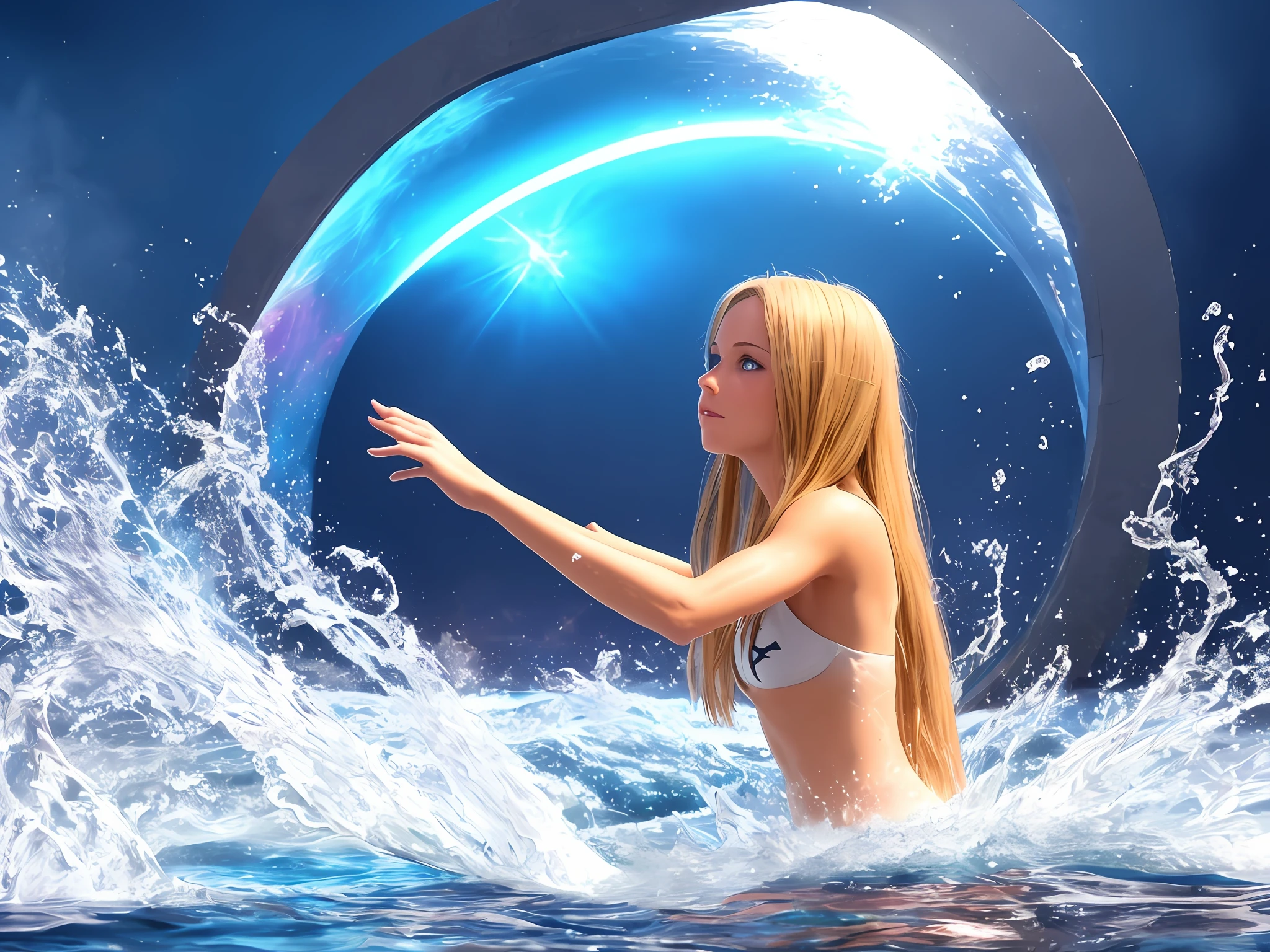 Blonde haired, blue-eyed girl entering a portal and controlling the water element
