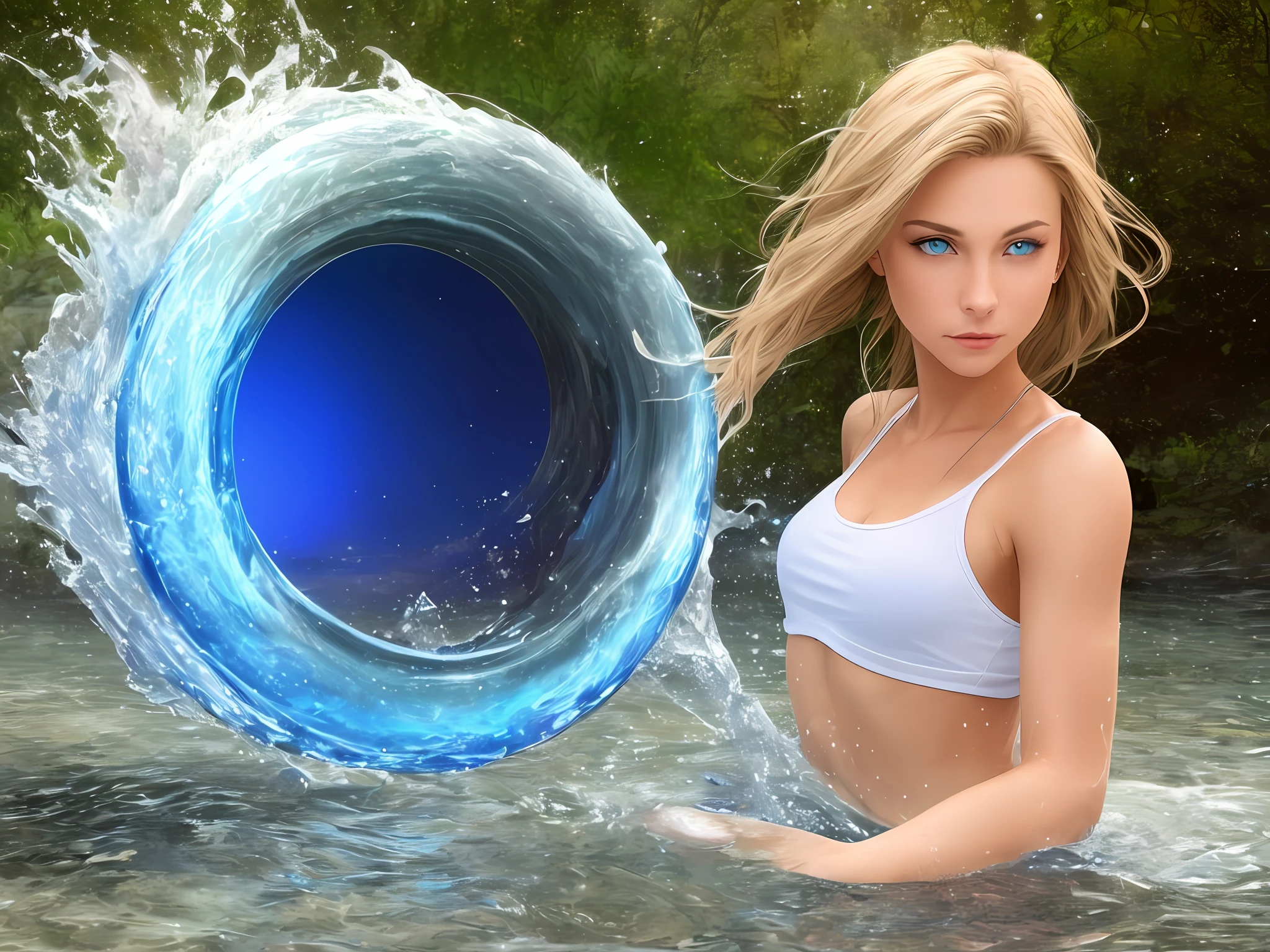 Blonde haired, blue-eyed girl entering a portal and controlling the water element