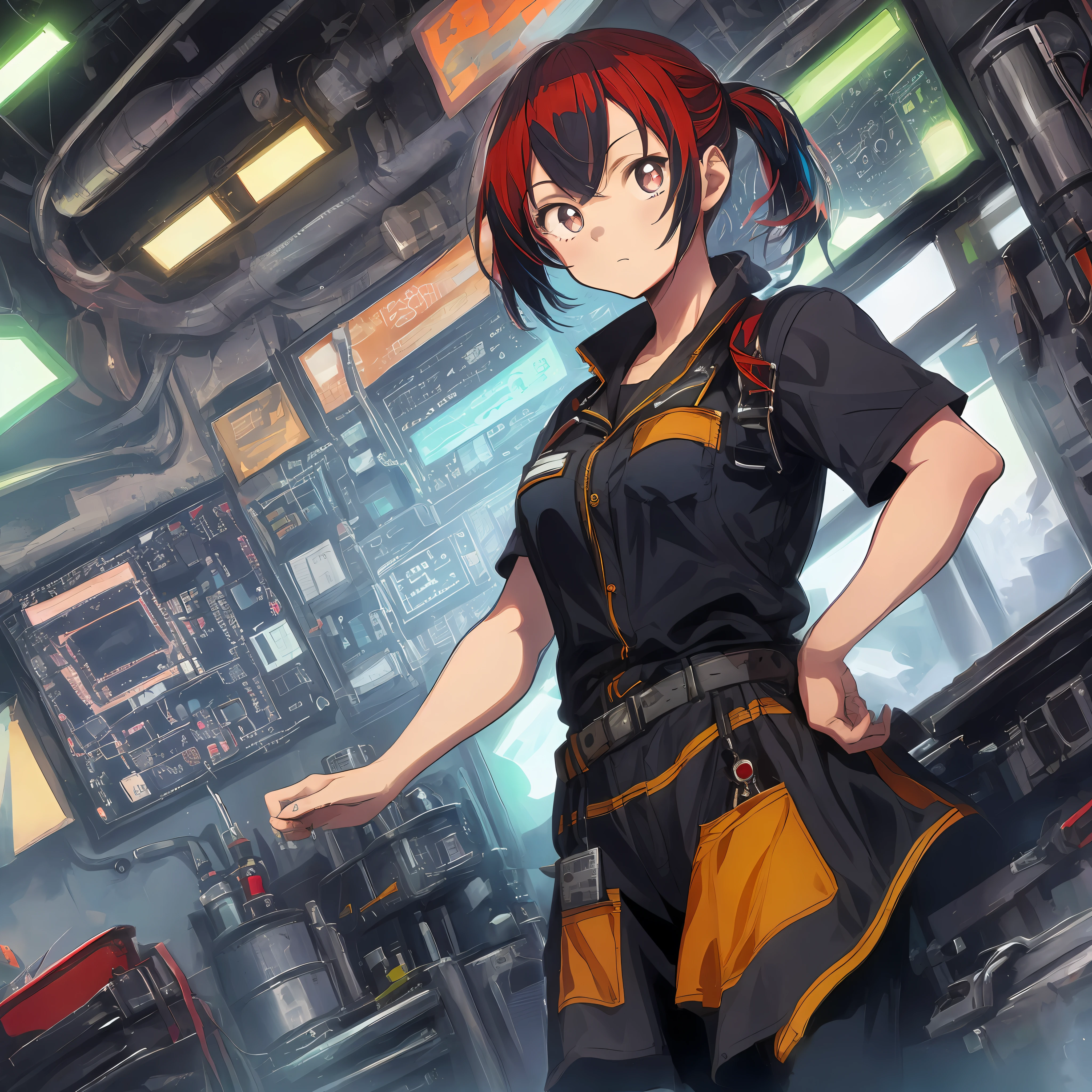 masutepiece, absurderes, hight resolution, ultra-detailliert, Detailed, Vivid contrast , (1 girl, 30-years old:1.1), Adult, Colorful cloth, multicolored hair, (be bashful) , put hands on the hip , mechanic, Mechanic Room, Electronic Circuit Girl, wrench