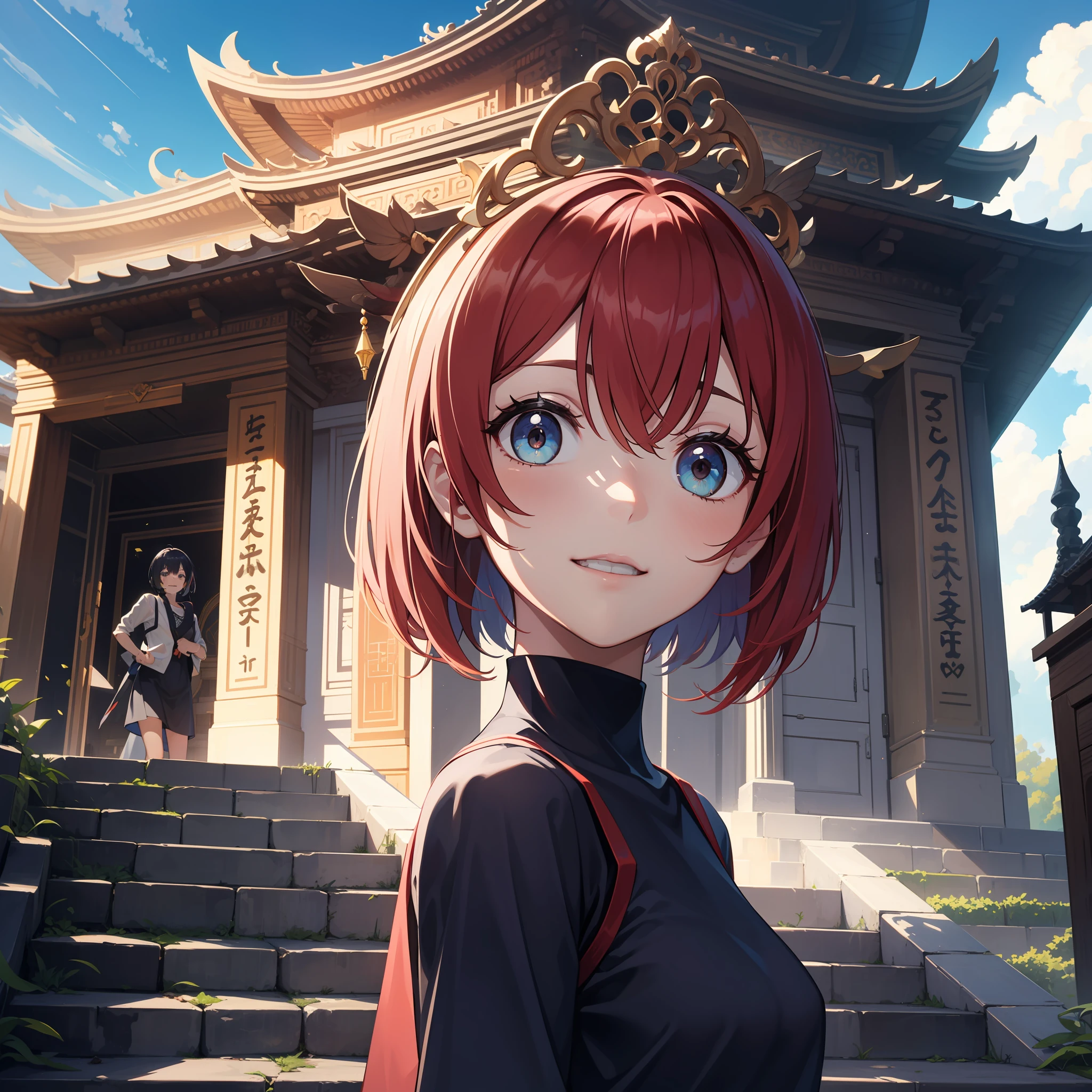 walnut，The upper part of the body，ssmile，Be red in the face，Outdoor activities，daysies，simple backgound，blue-sky，short detailed hair，Skysky，temple，looking at viewert，stairways，mont，moody light，face to the viewer，