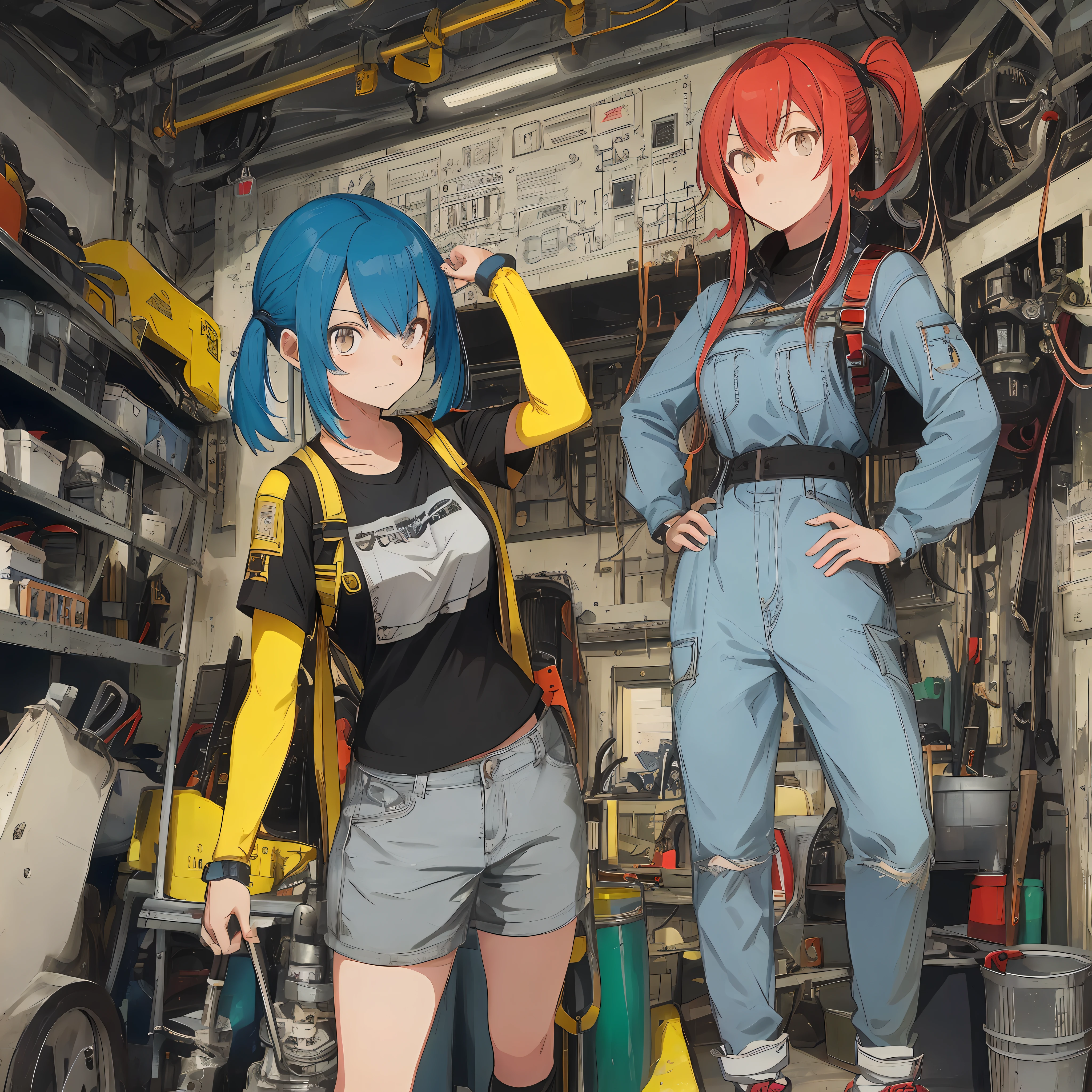 masutepiece, absurderes, hight resolution, ultra-detailliert, Detailed, Vivid contrast , (1 girl, 30-years old:1.1), Adult, Colorful cloth, multicolored hair, (be bashful) , put hands on the hip , mechanic, Mechanic Room, Electronic Circuit Girl, wrench