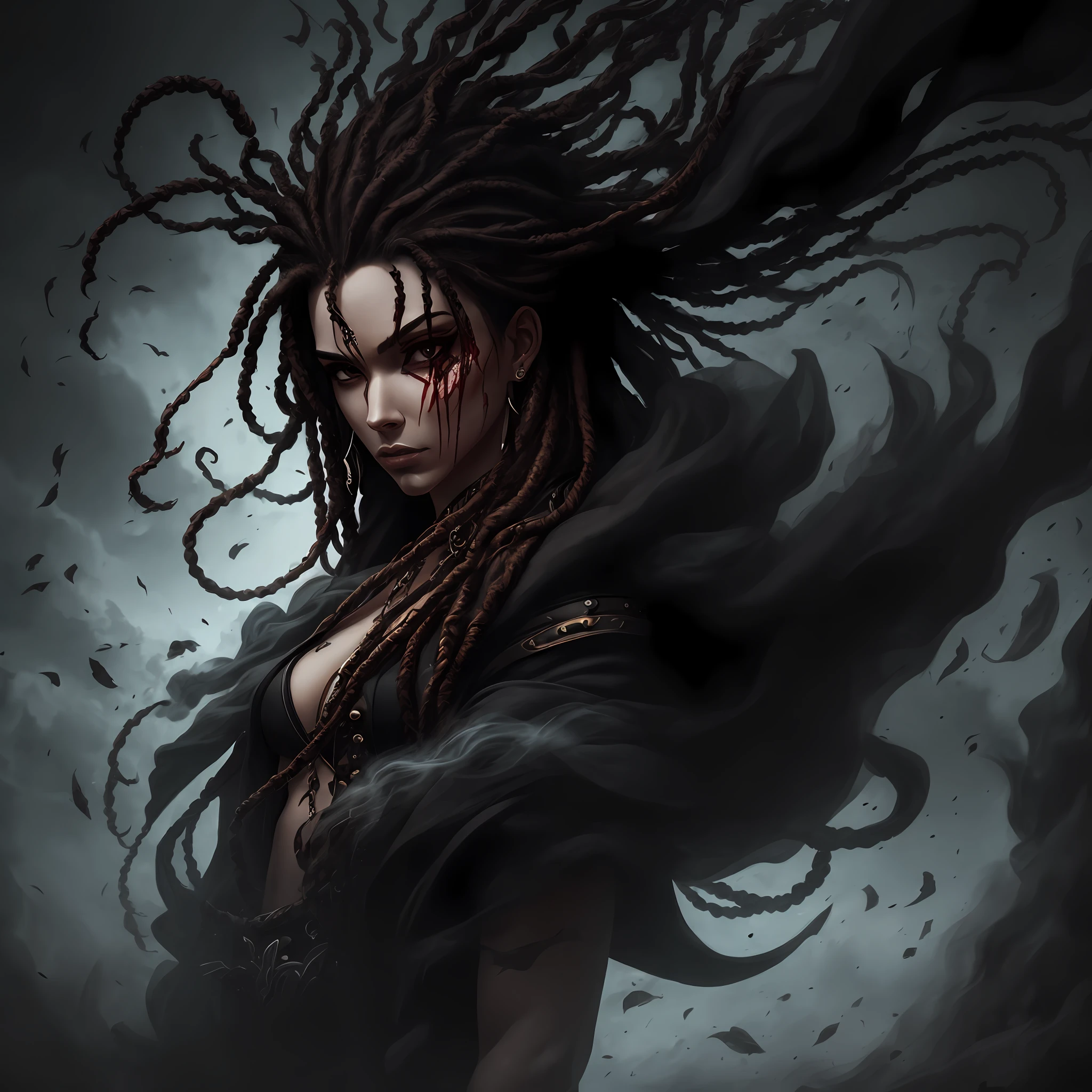 Rapaz de dreads saindo das sombras, black smoke, realista, dark, sangue, detalhado, fantasy art --auto