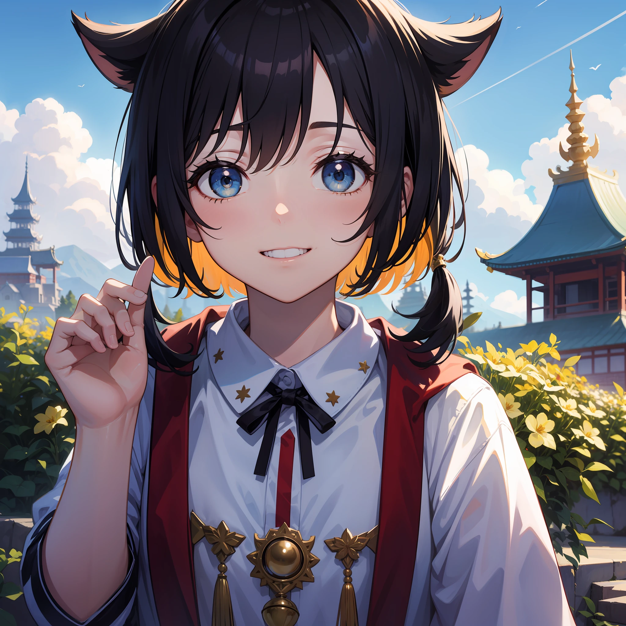 walnut,The upper part of the body,ssmile,Be red in the face,Outdoor activities,daysies,simple backgound,blue-sky,short detailed hair,Skysky,temple,looking at viewert,stairways,mont,moody light,face to the viewer,