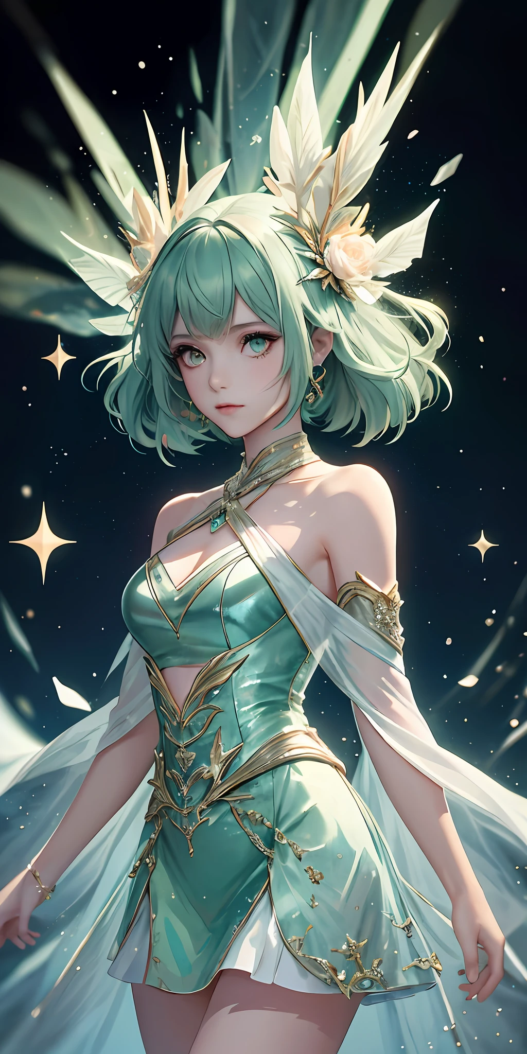 （Best quality at best，tmasterpiece），1girll，galaxias，glitters，shift dresses，Particle，ventania，florals，The upper part of the body，Dark simple background，looking at viewert，Girl with light green hair，