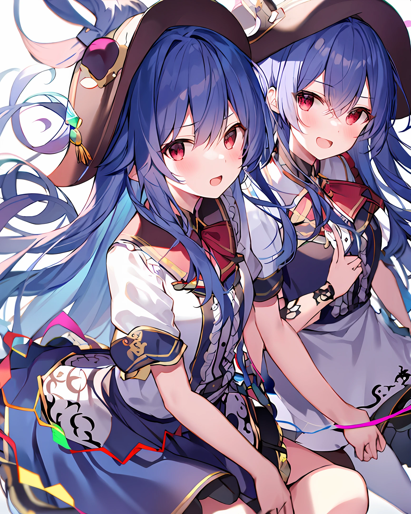 a pirate，Sweet girl，Blue hair，red eyes，Blue JK skirt，long whitr hair，Air bangs。