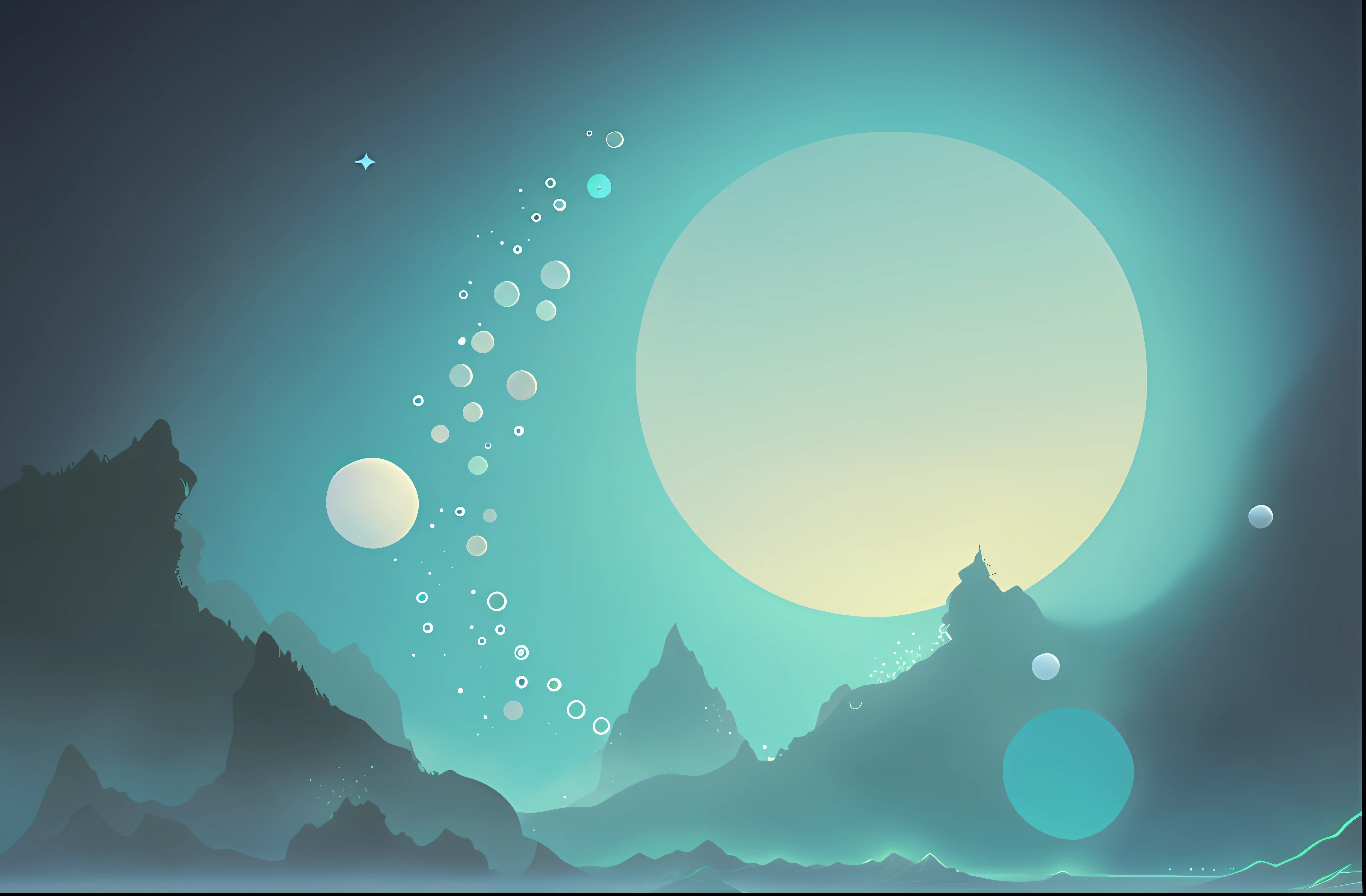 There is an image of a cartoon scene of a mountain and a moon, Arte de fundo, Misty space, arte de fundo, Space landscape, mobile game background, Fundo da arte do jogo 2D, paisagem do planeta, luas no fundo, Fundo do jogo 2d, noite calma. digital illustation, rich diverse lush alien world, fundo da fantasia, paisagem scifi, Fundo astral, planeta fantasia, serene illustration