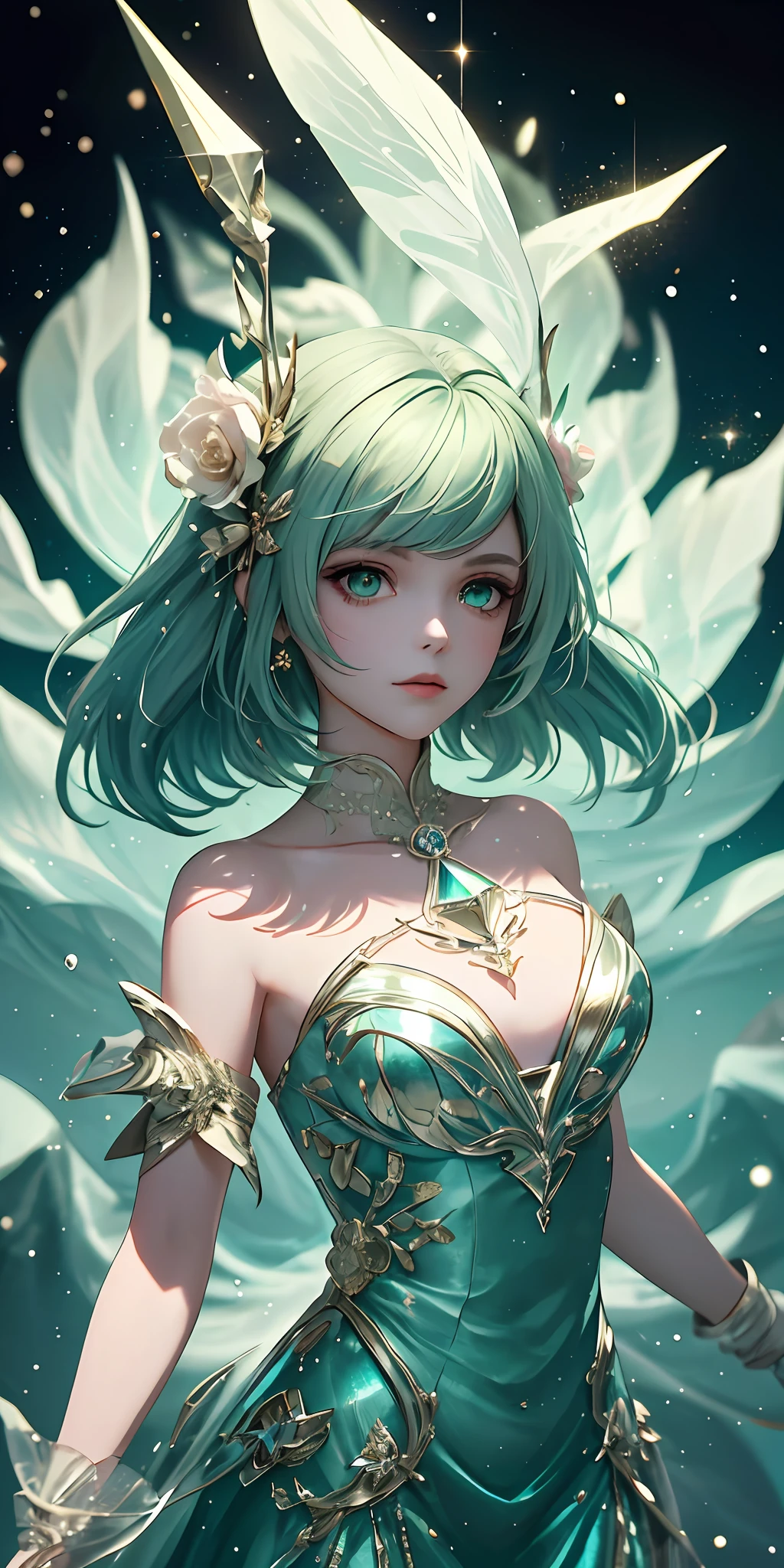 (Best quality at best,tmasterpiece),1girll,galaxias,glitters,shift dresses,Particle,ventania,florals,The upper part of the body,Dark simple background,looking at viewert,Girl with light green hair,