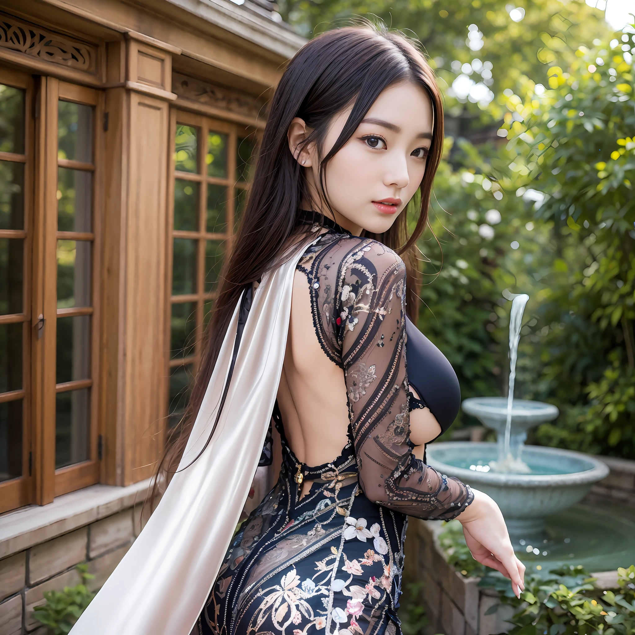 (top-quality、​masterpiece:1.2)、portraitures、full bodyesbian、huge tit、outside of house、25-year-old woman named Yiping in the garden:2、Red slit dress、Satin fabric、The fountain、a park、the same character、Different Angle、back lighting:1.5、More on rich skin:1.5、bewitching