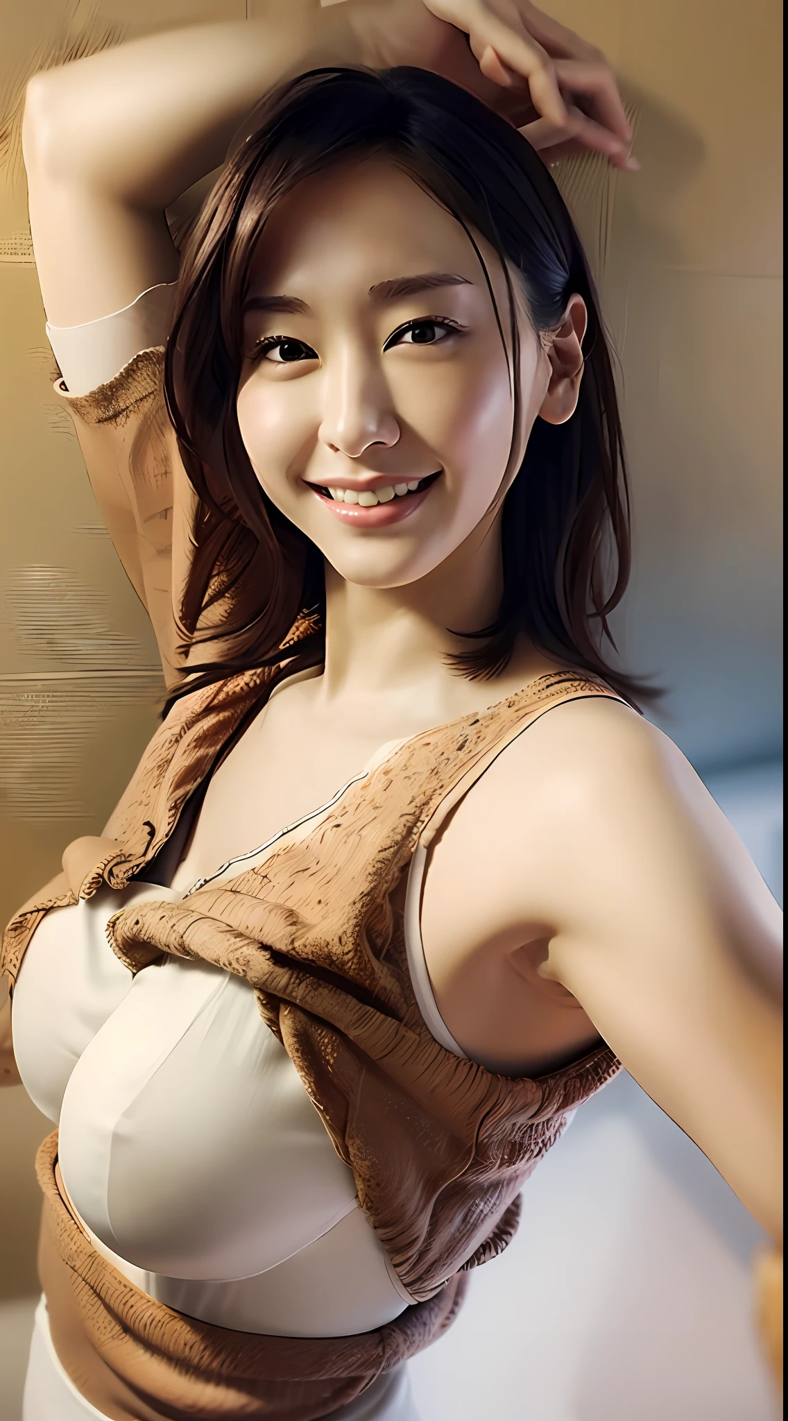 ((Gacky∶1.2))、(A hyper-realistic), (illustratio), (hight resolution), (8K), (ighly detailed), (The best illustrations), (beatiful detailed eyes), (top-quality), (ultra-detailliert), (masterpiece), (wall-paper), (详细的脸), a bed、Upper body close-up,armpit, a smile,Plump,独奏,Girl in simple white tank top, Sweaty, japanes, large full breasts, (camel's toe)