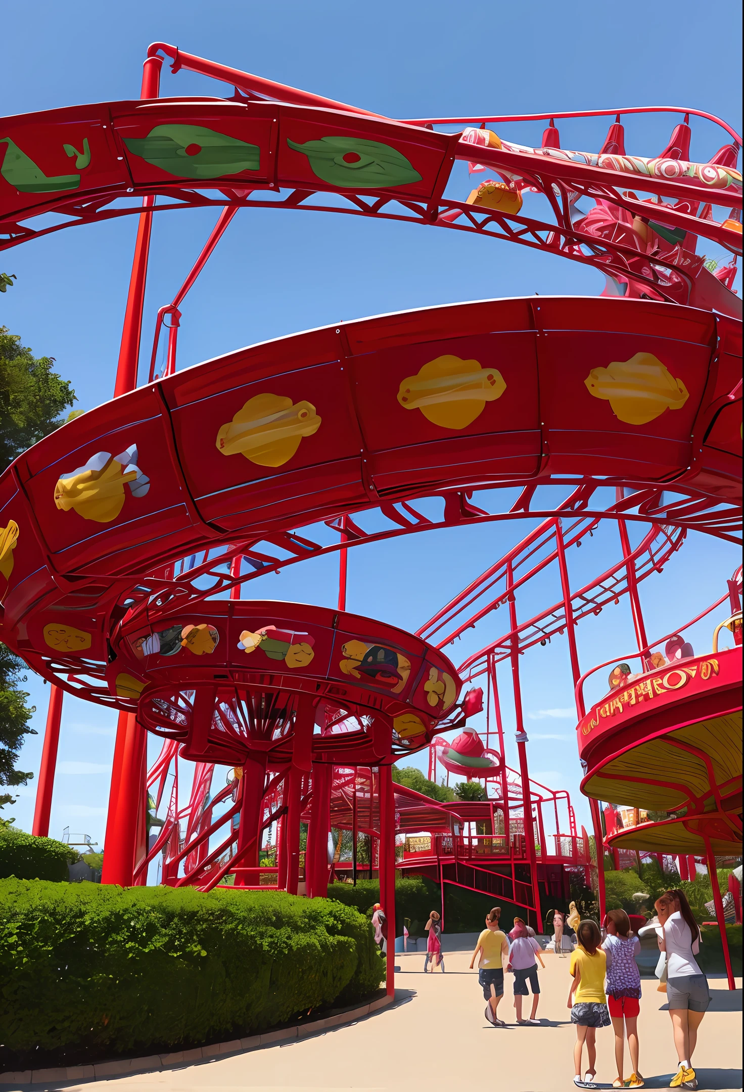 Pai, filha, lado a lado, corpo inteiro, realista, amusement park, realista, detalhado, alta resolução, fun, roda gigante, montanha russa