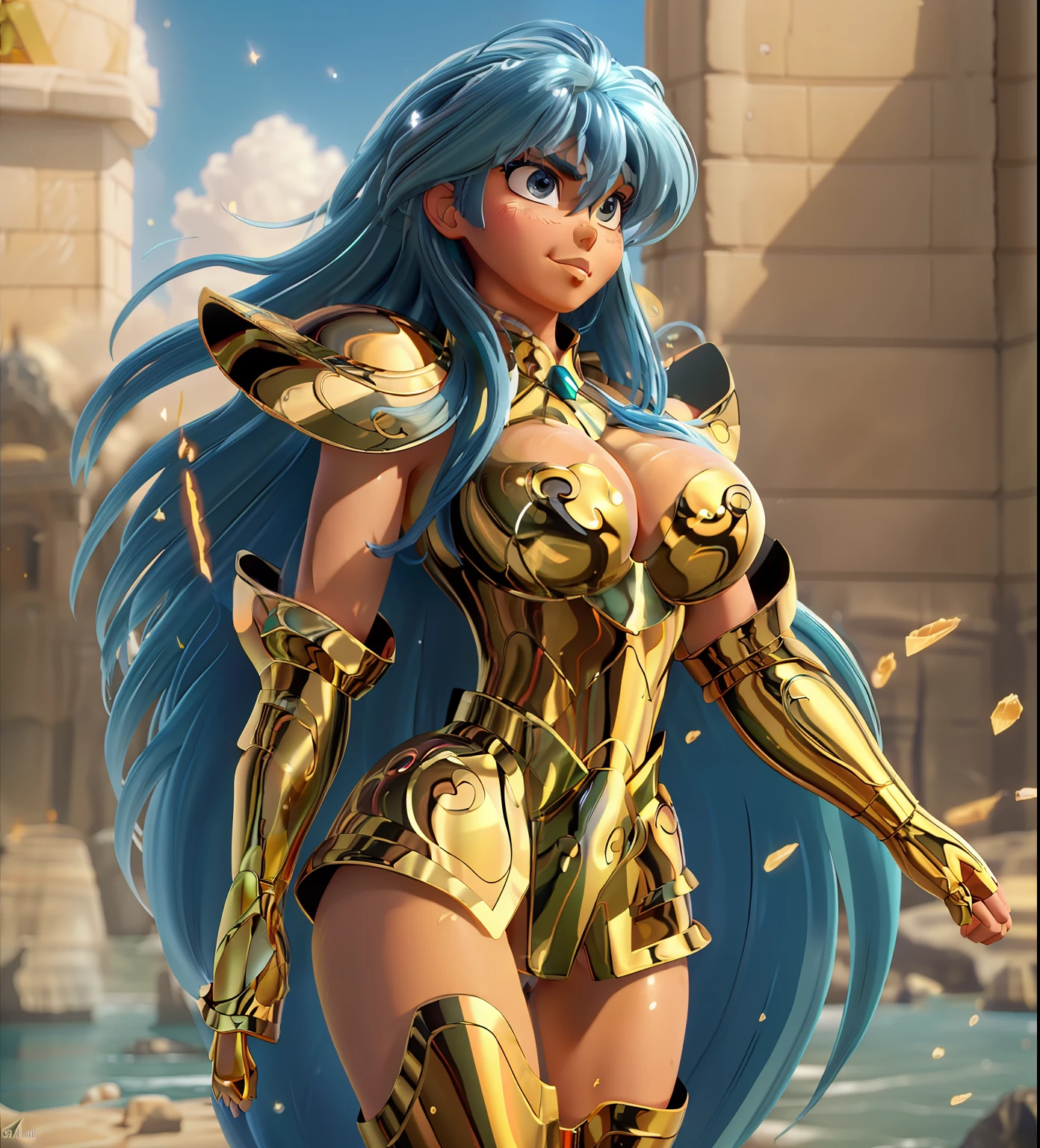 Ultra-high saturation（tmasterpiece）， fully body photo，（best qualtiy），（1girll）， panoramic photo，sface focus， Wearing golden Aquarius armor，Iceberg background，sexy armor，No underwear，Bling armor，Fine fine skin，Plump breasts， (extremely giant breasts:1.7)，(Bare breasts:1.4)，Bare legged，cool-pose， Saint Seiya Armor， messy  hair，highly detailed realistic photograph of，god light， super sharp focus， Ultra high quality,，with dynamism， Long hair,，(Shiny skin:1.4)，Shiny lips sexy figure，Ultra-high saturation，hight contrast，High-gloss armor，Smooth skin，Grim expression，blue hairs