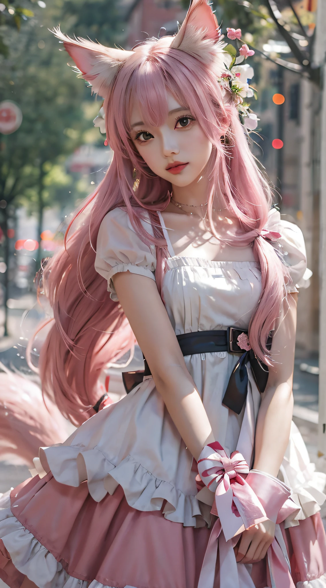 Anime girl posing for photo with pink hair and white dress, the maid outfit,beautiful anime catgirl, Very beautiful anime cat girl, Anime girl with long hair, Beautiful anime girl, Guviz-style artwork, cute anime waifu in a nice dress, very beautiful cute catgirl, Guviz, 8K high quality detailed art