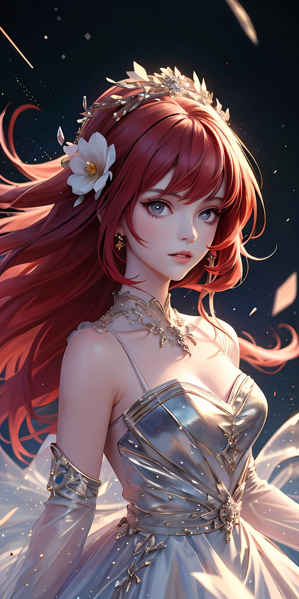 (Best quality, masterpiece), 1girl, galaxy, glitter, dress, particles, wind, flower, upper body, dark simple background, looking at the audience, redhead,