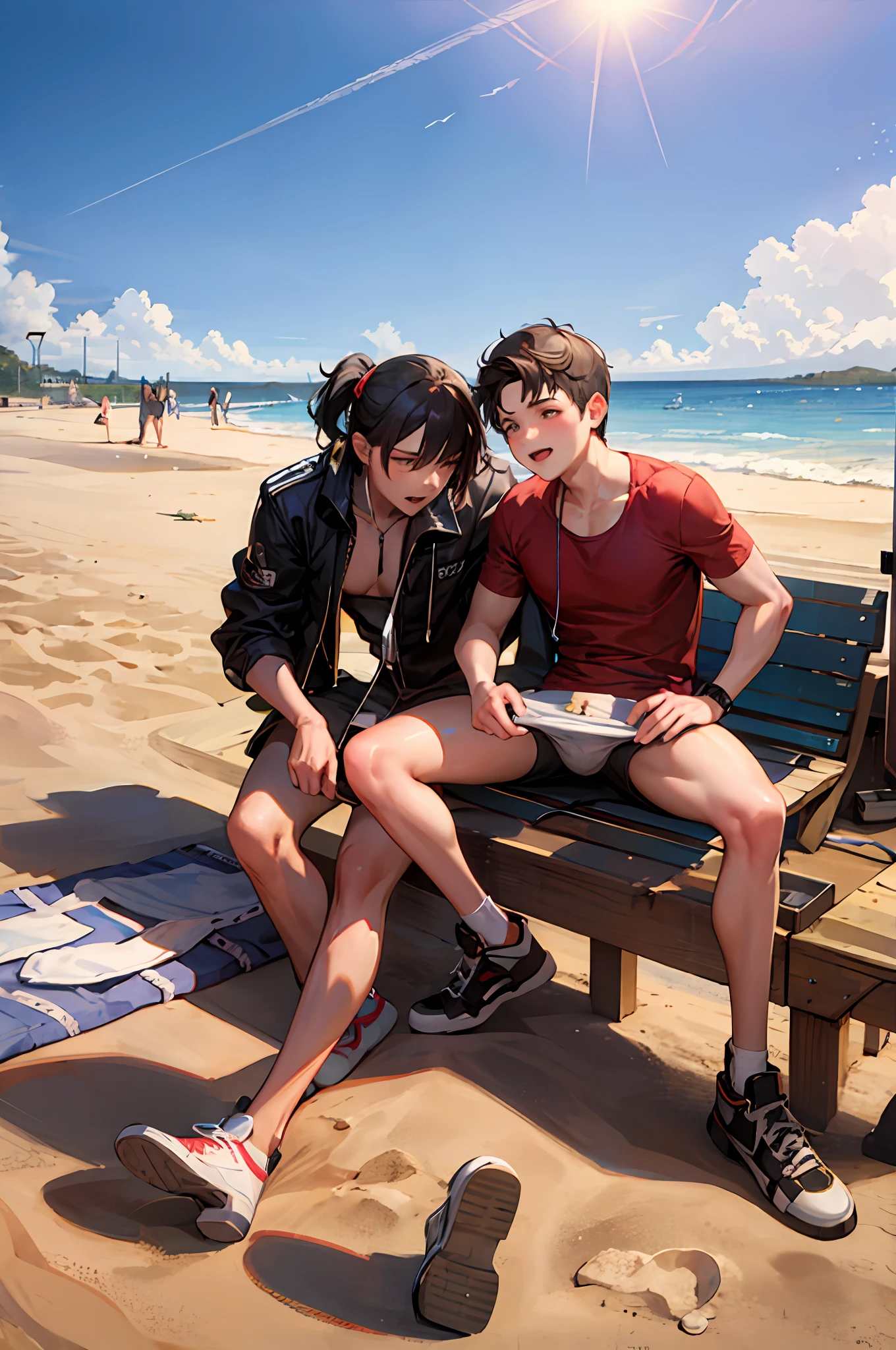 Two men playing ball on the beach, Handsome boy, On the sand, on the beach,Bare topless, chest muscle,Abs exercise tall handsome guys, On the beach, posing on the beach, in beach, On a sunny beach, On a beach,The background takes up most of the picture, in the beach, on the beach, music video, Sandy Beach, beach pic, On a sunny day,Realistic faces,high-definition picture quality