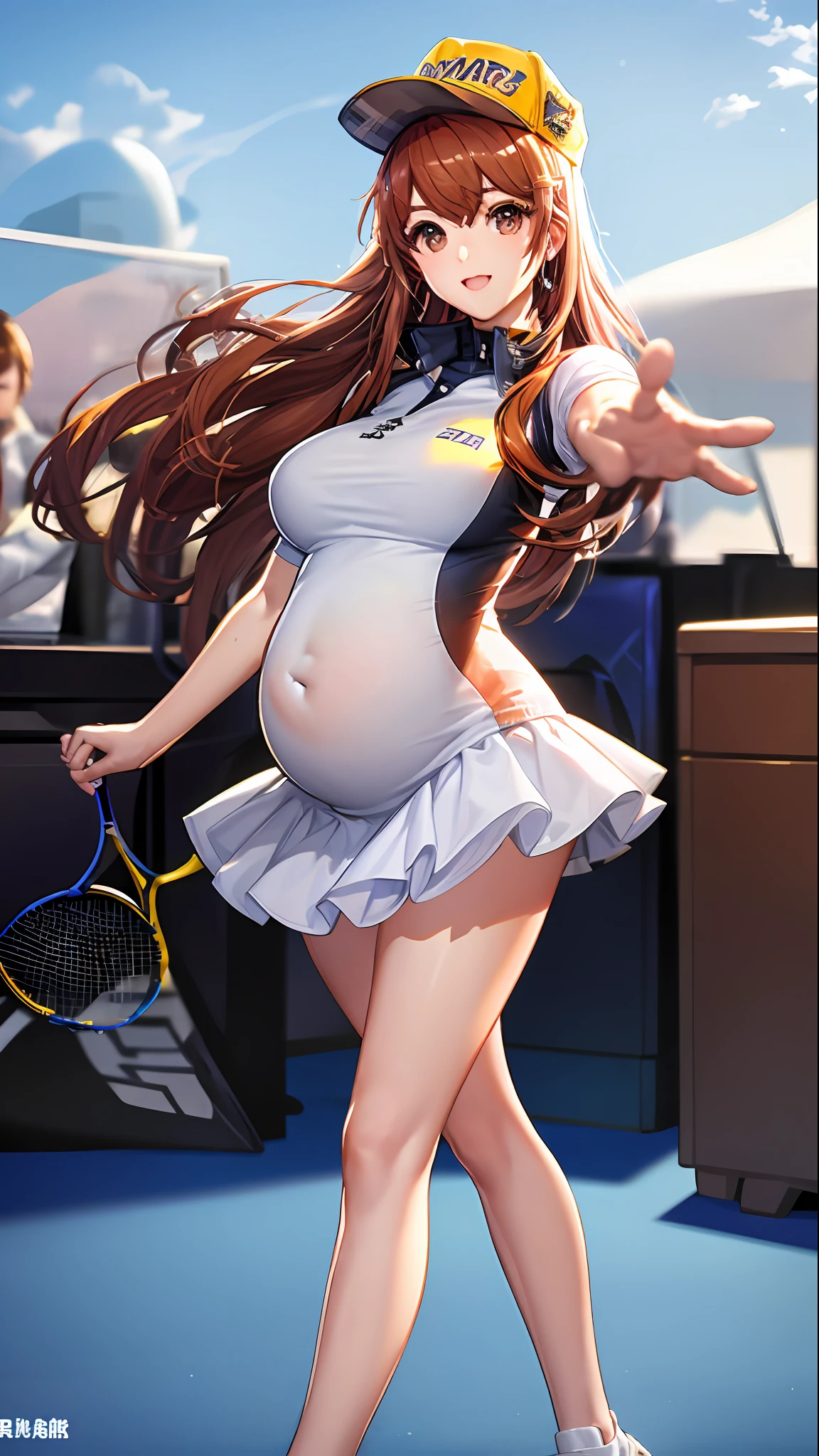 hoang lap、tmasterpiece、Best quality、realisticlying、Hyper-detailing、（Shiny skin，sweat leggs:1.4）、Slim、Look at the audience、1girll、Solo、tennis wear、White polo shirt、White sneakers、white mini-skirt、long whitr hair、silber hair、eBlue eyes、（thick thight:0.5）、动态照明、A high resolution、sharp fokus、depth of fields、Large breasts，Pregnant belly，Pregnant women with，a navel，A pair of hands