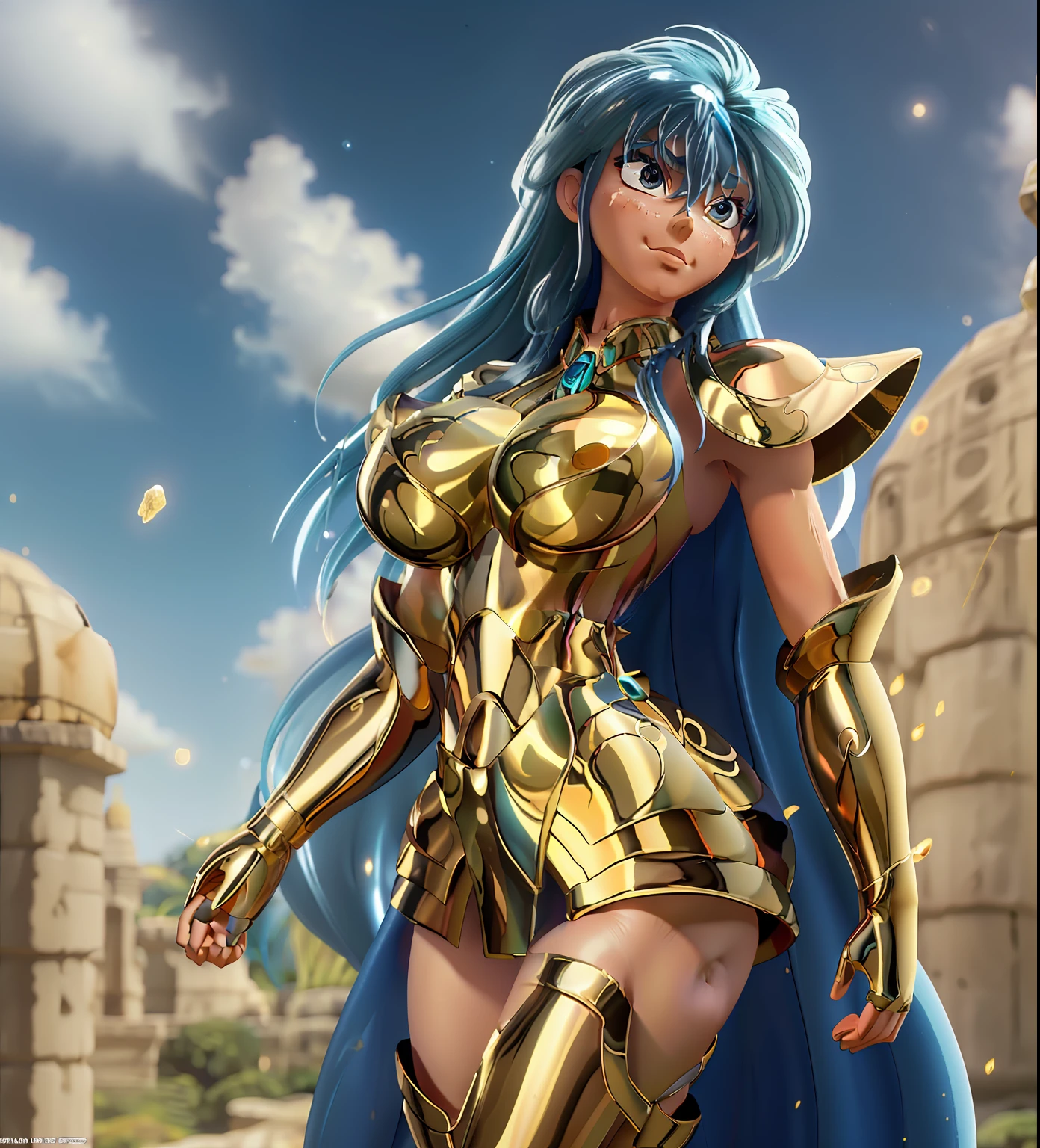 Ultra-high saturation（tmasterpiece）， fully body photo，（best qualtiy），（1girll）， panoramic photo，sface focus， Wearing golden Aquarius armor，Iceberg background，sexy armor，No underwear，Bling armor，Fine fine skin，Plump breasts， (extremely giant breasts:1.7)，(Bare breasts:1.4)，Bare legged，cool-pose， Saint Seiya Armor， messy  hair，highly detailed realistic photograph of，god light， super sharp focus， Ultra high quality,，with dynamism， Long hair,，(Shiny skin:1.4)，Shiny lips sexy figure，Ultra-high saturation，hight contrast，High-gloss armor，Smooth skin，Grim expression，blue hairs