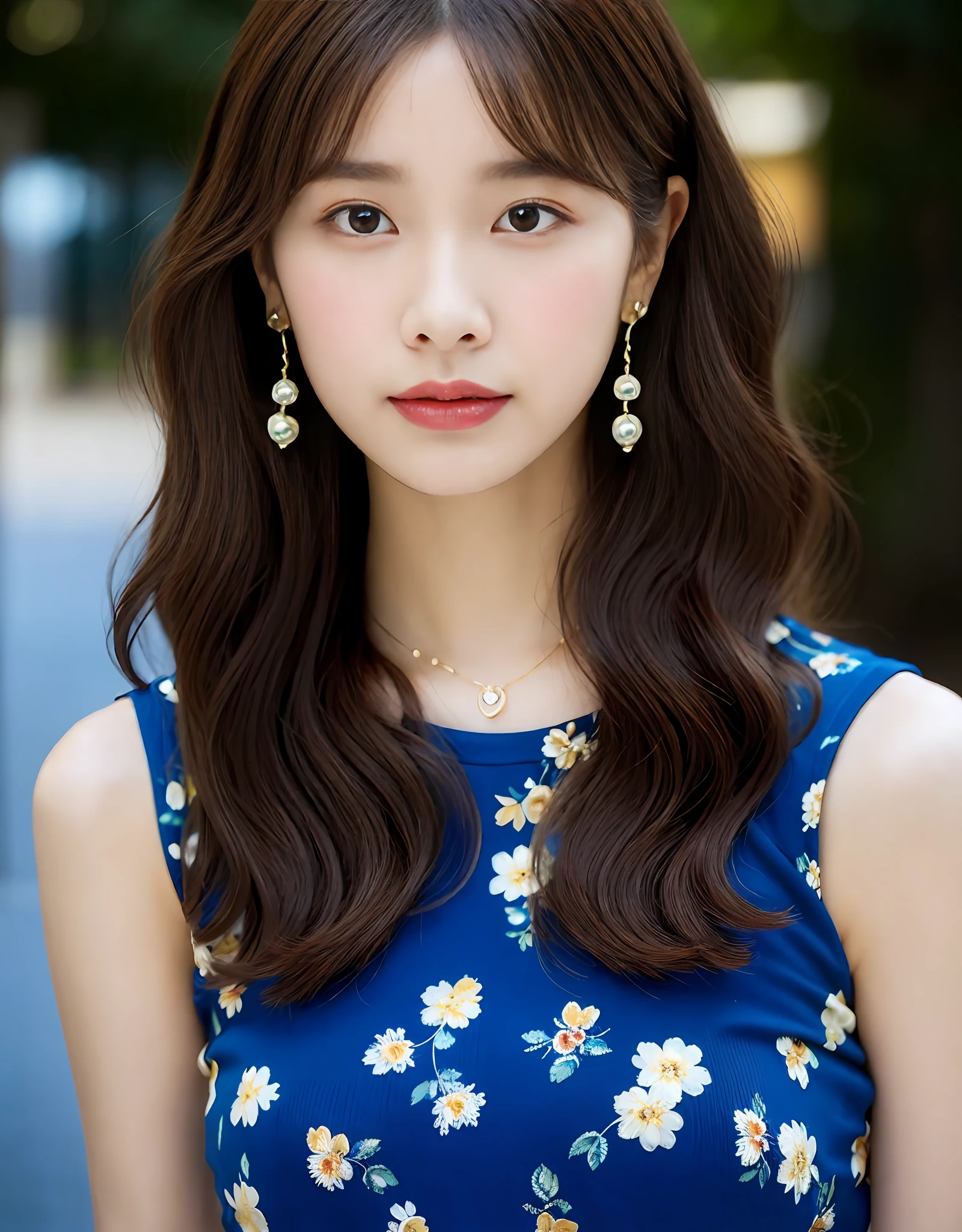 Portrait of a young woman with brown wavy curly hair, Wearing a blue floral top, Pearl earrings and pendant necklace. Realism, Cinematic lighting, angle of view, f/1.8, 35mm, Nikon, Masterpiece, hyper HD, Anatomically correct, Textured skin, Super detail, Award-Awarded, Best quality, 8K