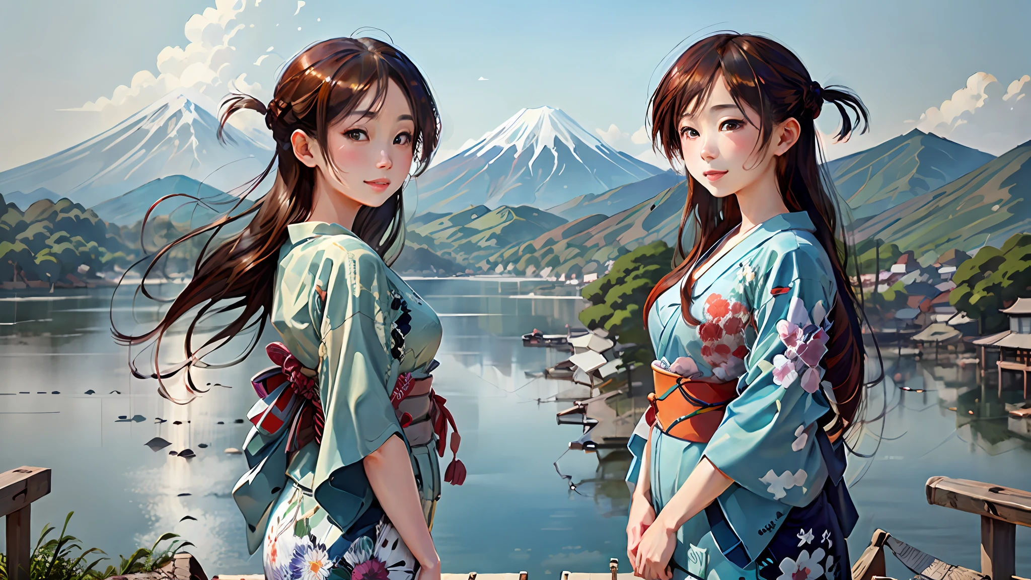 top-quality、ukiyoe painting、Lakeside in front of the mountain. Fuji、One girl、Standing on the lakeside、a smile、夏天、Beautiful blue sky、kimono、taisho roman、