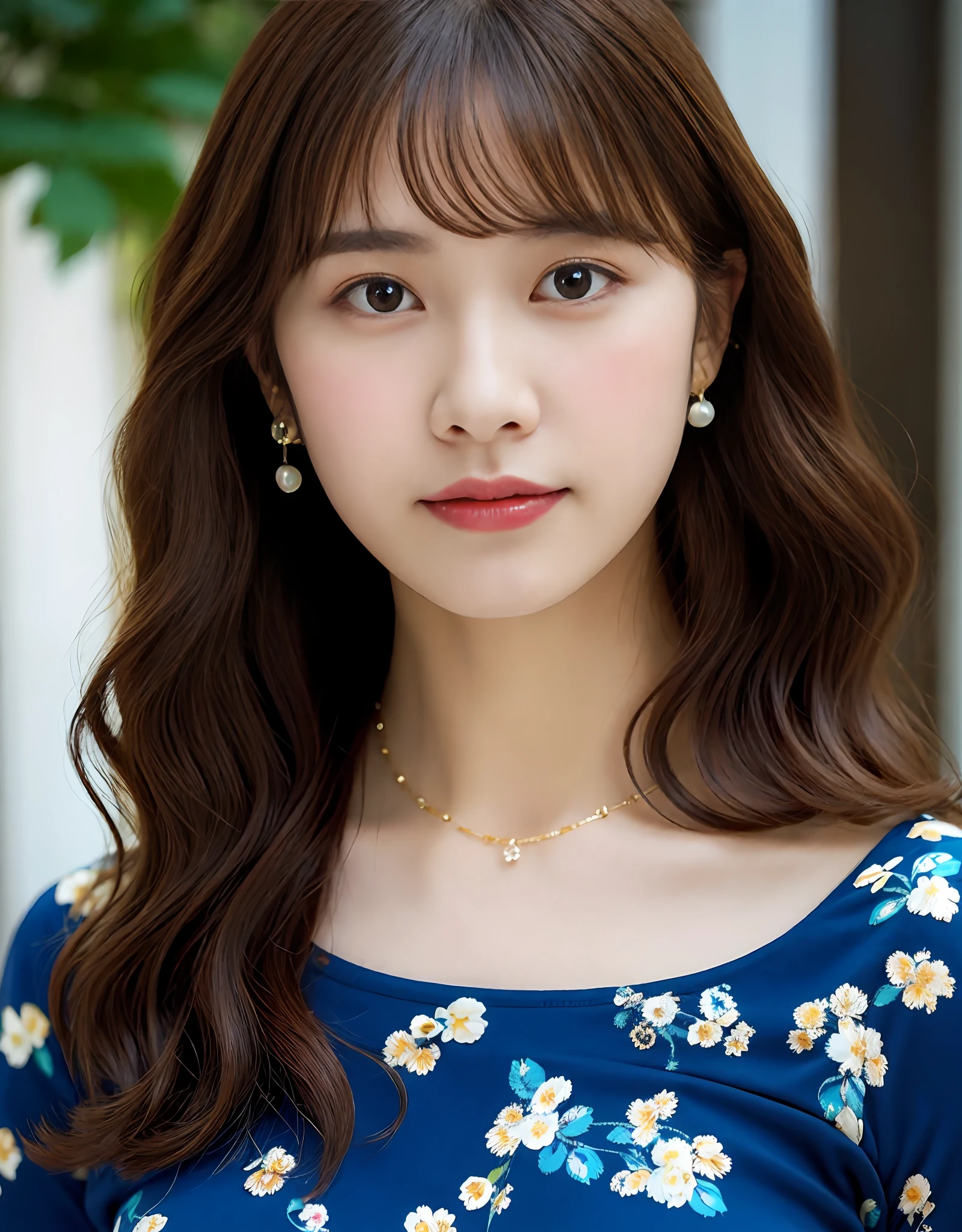 Portrait of a young woman with brown wavy curly hair, Wearing a blue floral top, Pearl earrings and pendant necklace. Realism, Cinematic lighting, angle of view, f/1.8, 35mm, Nikon, Masterpiece, hyper HD, Anatomically correct, Textured skin, Super detail, Award-Awarded, Best quality, 8K