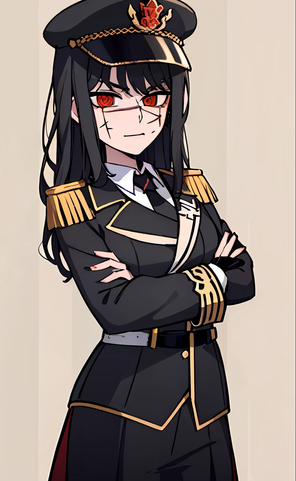 (masterpiece, best quality: 1.2), Solo, 1girl, Yoru \(Chainsaw Man\), looking at the viewer, different poses, red eye, long hair, completely black hair, reference to clothing of a German WWII general, black long sleeves (best quality), scar on face, beautiful eyes, has only 2 arms, has war medals on his clothes, Black Military Cap, Golden Eagle Medal on Clothing, (Wallpaper), (8K HD), (8K HD), Golden Shoulder Pads, Sprites, 1 Single Design (masterpiece, best quality: 1.2), Solo, 1girl, Yoru \(Chainsaw Man\), looking at the viewer, smile, happy, different poses, red eye, long hair, completely black hair, reference to clothing of a German WWII general, black long sleeves (best quality), scar on face, beautiful eyes, has only 2 arms, has war medals on his clothes, black military cap, golden eagle medal on clothing, (wallpaper), (8K HD), (8K HD), (8K HD), golden shoulder pads, sprites, 1 single design