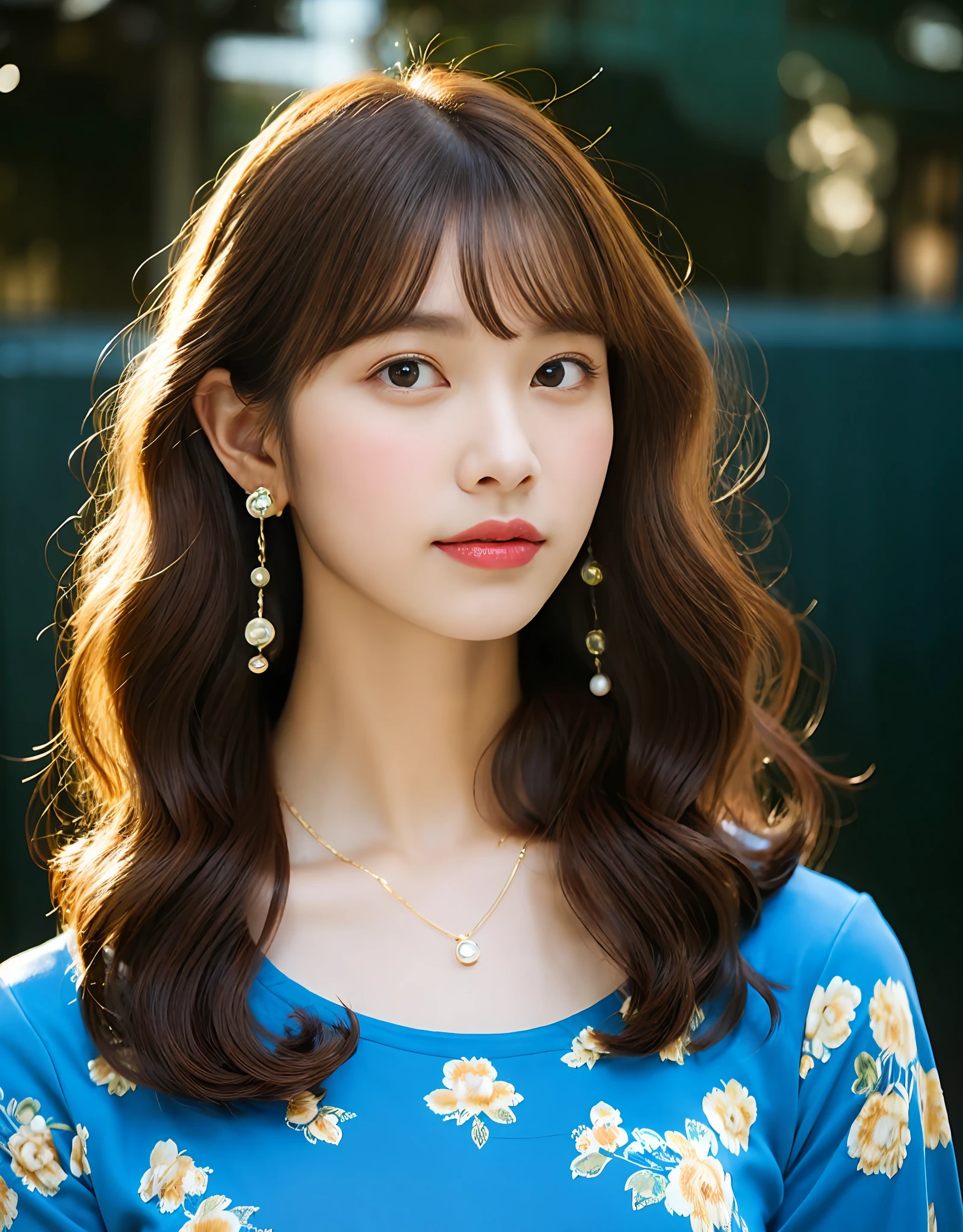 Portrait of a young woman with brown wavy curly hair, Wearing a blue floral top, Pearl earrings and pendant necklace. Realism, Cinematic lighting, angle of view, f/1.8, 35mm, Nikon, Masterpiece, hyper HD, Anatomically correct, Textured skin, Super detail, Award-Awarded, Best quality, 8K