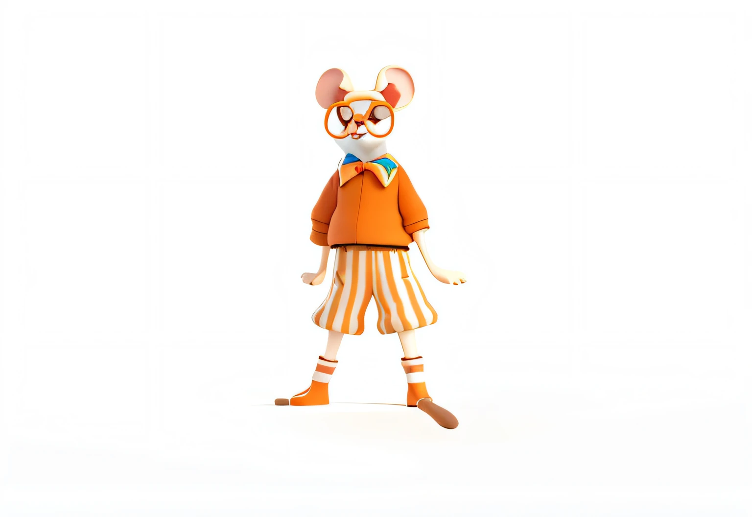 mouse in clothes, Orange top,Orange booties,striped shorts,wears glasses, an animated character,character is standing, an anthropomorphic rat, disney character, full body single character, 3D stereoscopic effect,Cartoon background,Tide play IP,high qulity
