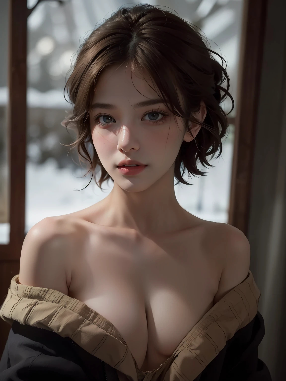Best quality, masterpiece, ultra high res, (photorealistic:1.5), raw photo, 1girl, offshoulder, in the dark, deep shadow, low key, cold light, sexy look, short hair