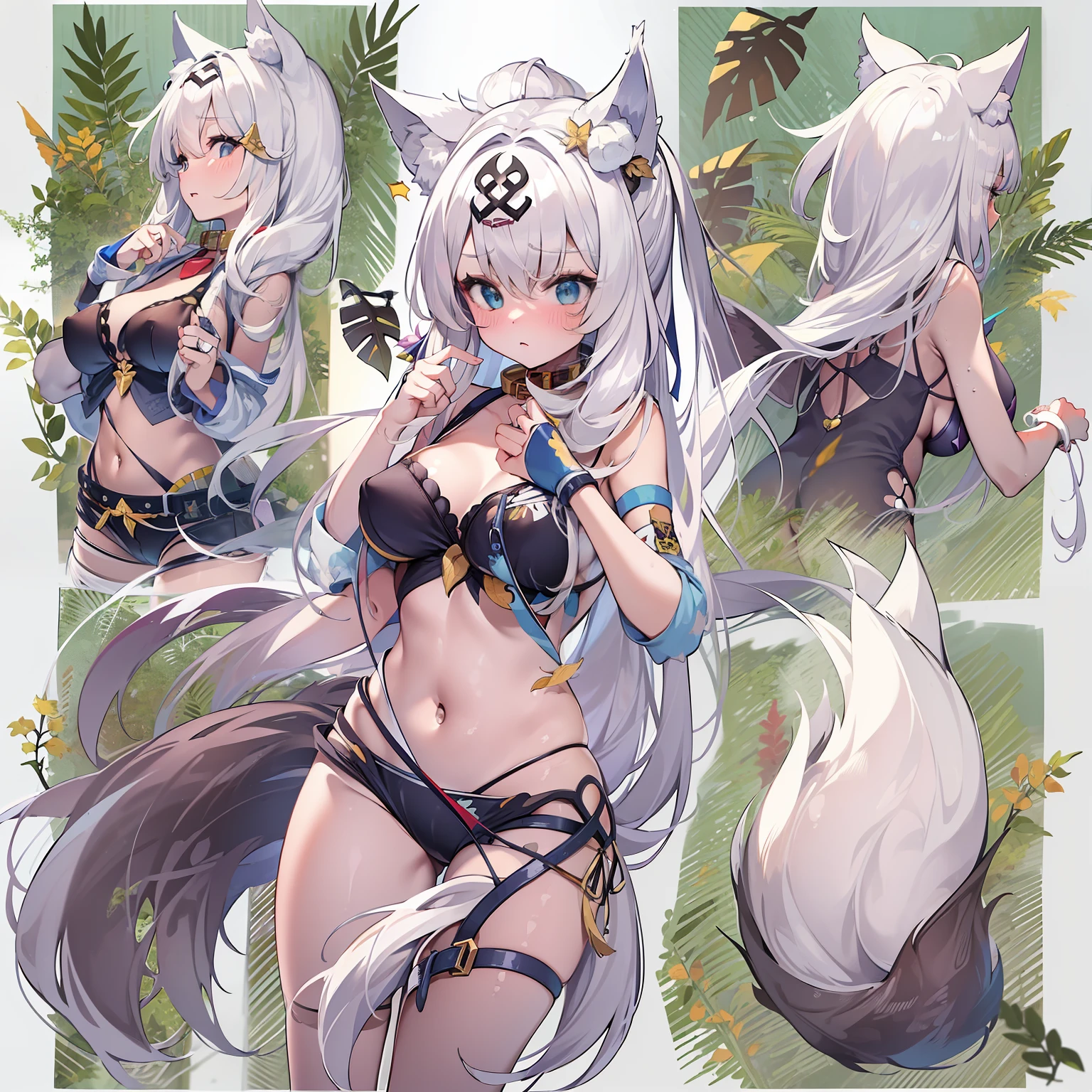 ((Masterpiece)), (Best Quality), Solo, miosha1, hair ornament, ponytail, wolf tail, swimsuit, white shorts, thigh strap, black jacket, leaf print, collar, string bikini, (NSFW:1.2)