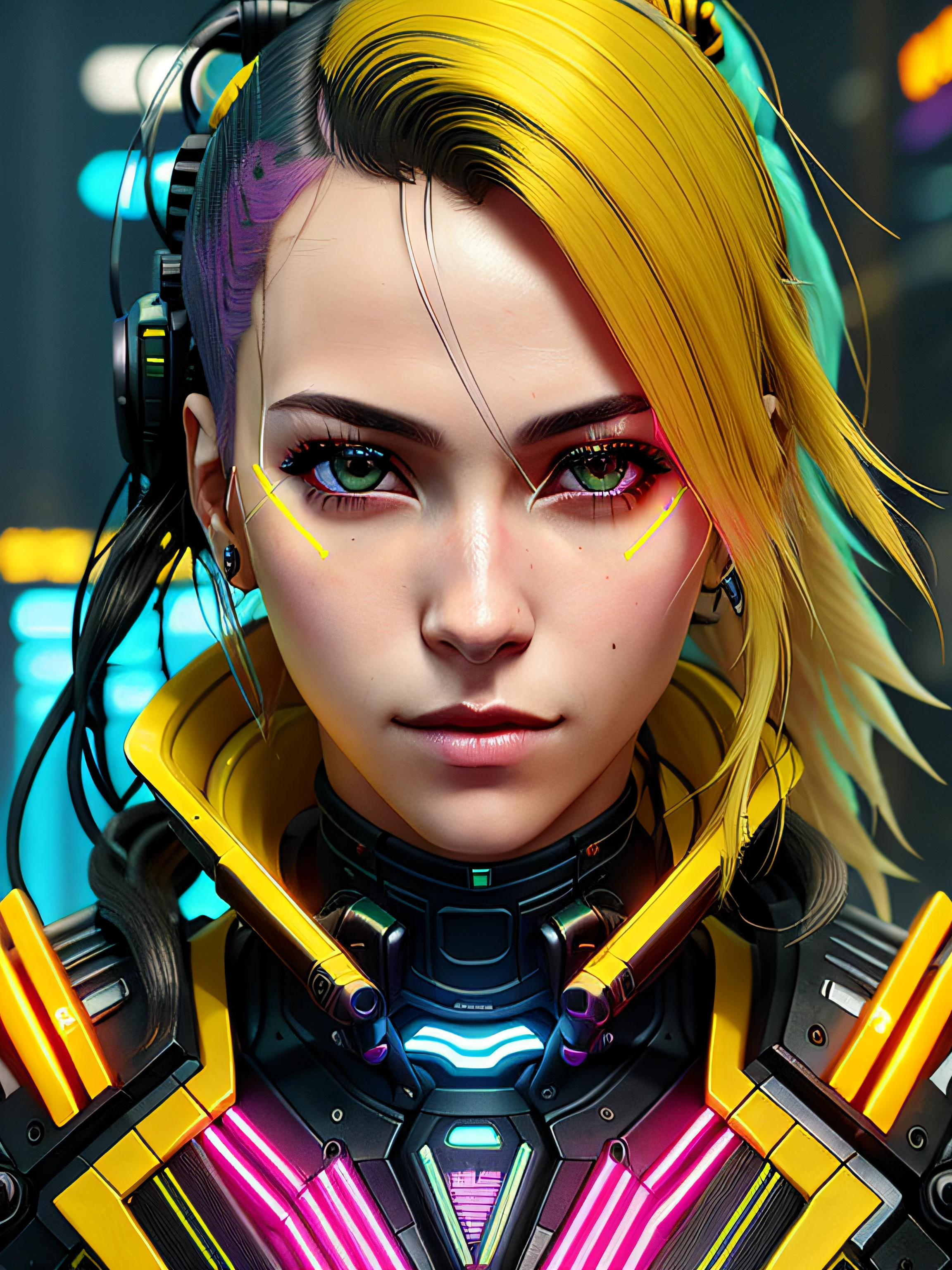 um close up de uma mulher com cabelo amarelo e maquiagem neon, estilo de arte cyberpunk, arte digital do anime cyberpunk, cyberpunk 2077 rossdraw, O retrato da cyberpunk, cara bonita da meninapunk, brilho cyberpunk brilhante, OLHOS AZUIS, estilo de arte cyberpunk, estilo cyberpunk hiper-realista, cyberpunk themed art, cyberpunk menina anime menina de anime cyk feminino, retrato cyberpunk, cyberpunk menina bonita