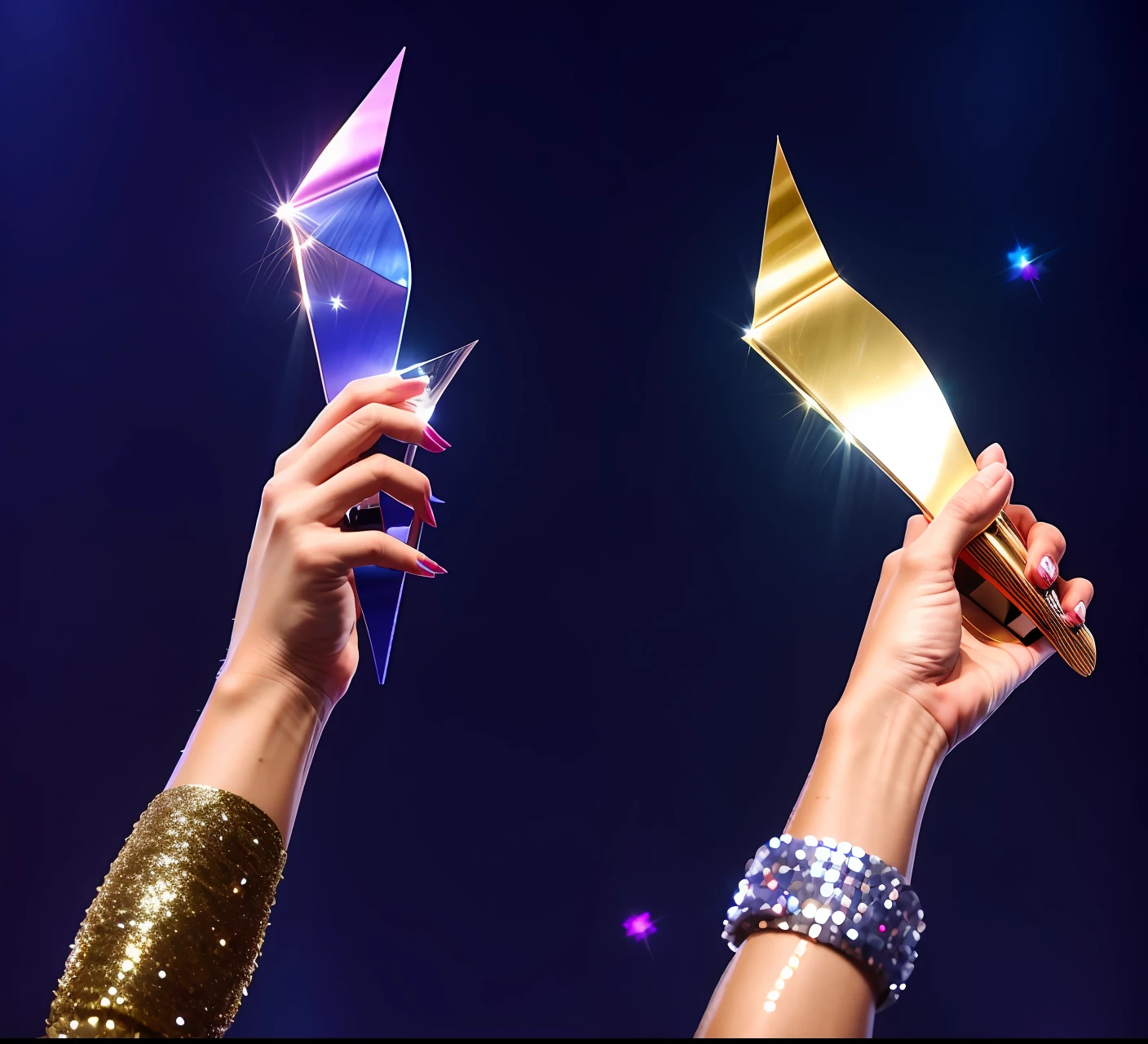 detailed photo of two female hands holding trophies above of their heads, Lifting high, hands in champion posture showing trophies, woman's hand, women's hands, sparkles, glitter, chic, rich people, glamour, award winning photography, party dress sleeve, glamorous dress sleeve, award winning photo, award winning photography, 8k