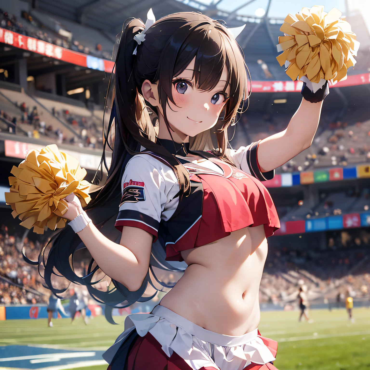 Ala Fed Asian cheerleader posing dynamically with large pom-poms in both hands in stadium、write、a closeup、cosplay foto、Anime Cosplay、tiny chest、Raw photography, top-quality, hight resolution, (masterpiece), (Photorealsitic:1.4), professional photograpy, foco nítido, nffsw, 8K分辨率, intricate detailes, depth of fields, the Extremely Detailed CG Unity 8K Wallpapers, front lit, girl with, beautiful supermodel, A smile、A slender、Mary Rose、Twin tail hair、Korean style uniform、Peeking from below、(skinny thigh)、White underwear is visible、Sun visor