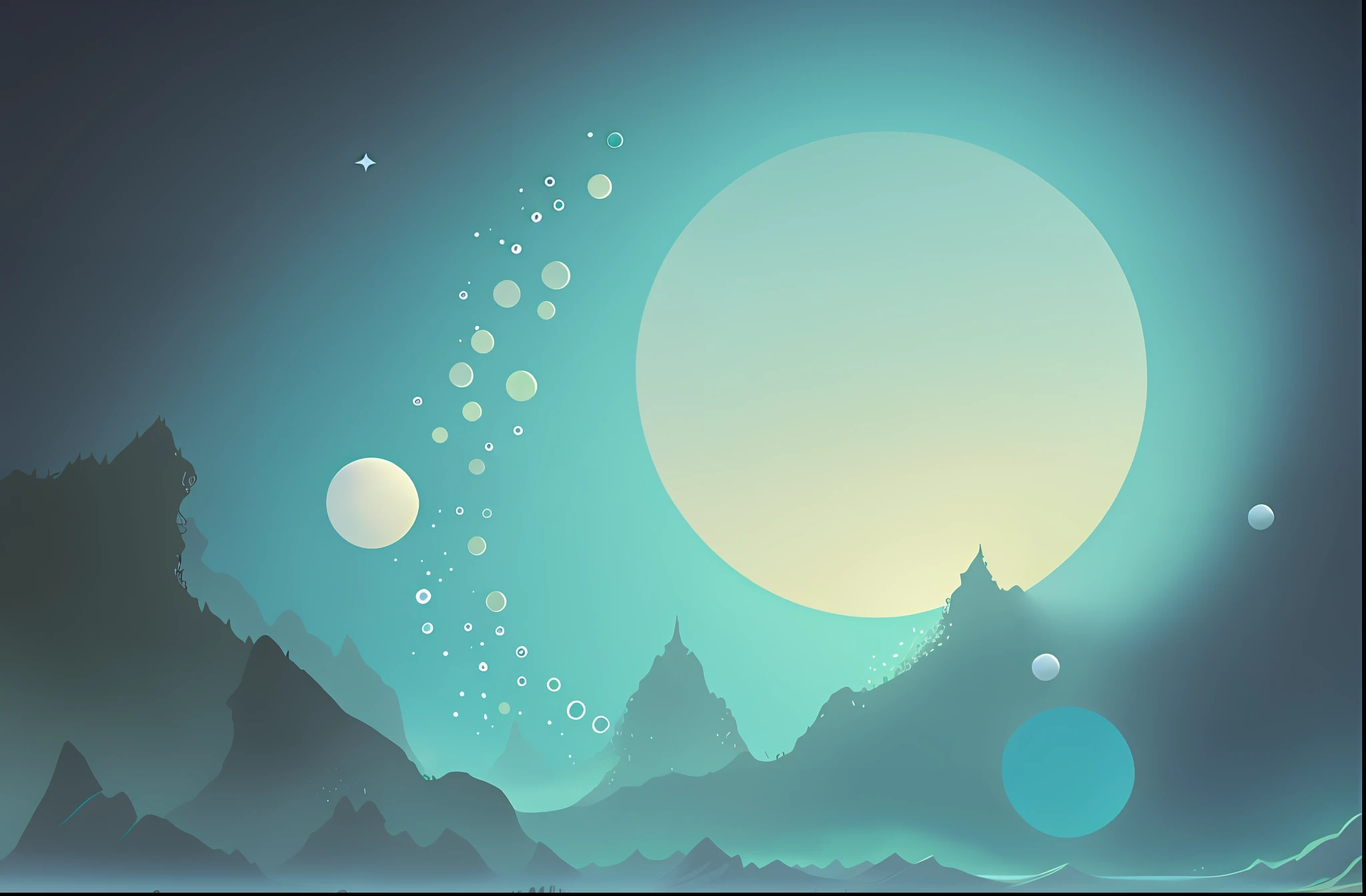 There is an image of a cartoon scene of a mountain and a moon, Arte de fundo, Misty space, arte de fundo, Space landscape, mobile game background, Fundo da arte do jogo 2D, paisagem do planeta, luas no fundo, Fundo do jogo 2d, noite calma. digital illustation, rich diverse lush alien world, fundo da fantasia, paisagem scifi, Fundo astral, planeta fantasia, serene illustration