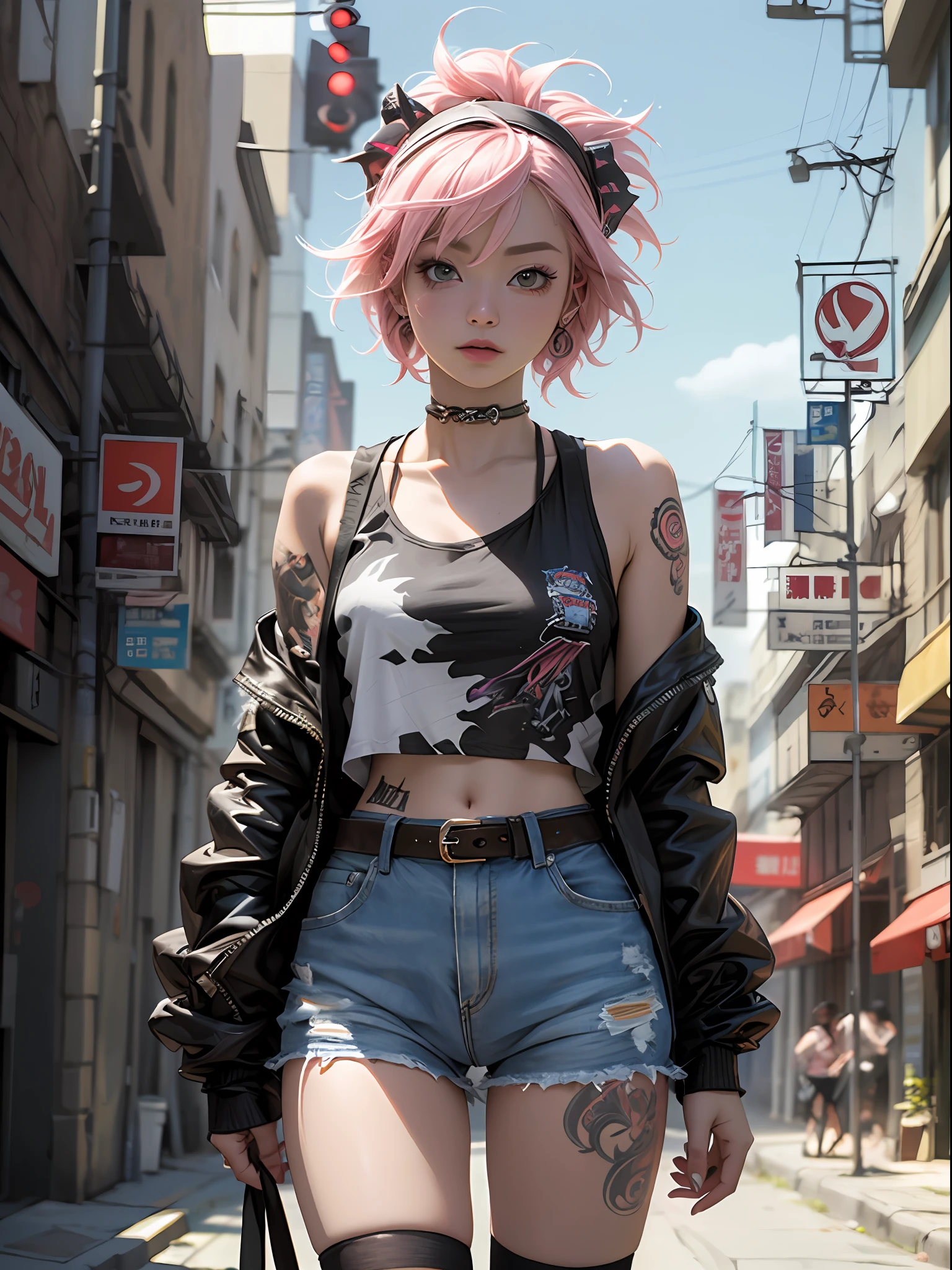 (top-quality、8K、32K、masterpiece、nffsw:1.3)、(Photorealsitic:1.4),18-year-old punk girl,is standing、Wacky punk hair,Radical punk fashion,Tank Tops、、A pink-haired,Wacky makeup、A lot of tattoos、Street background、lensflare、depth of fields,blurry backround,,,,,,,,,,,,