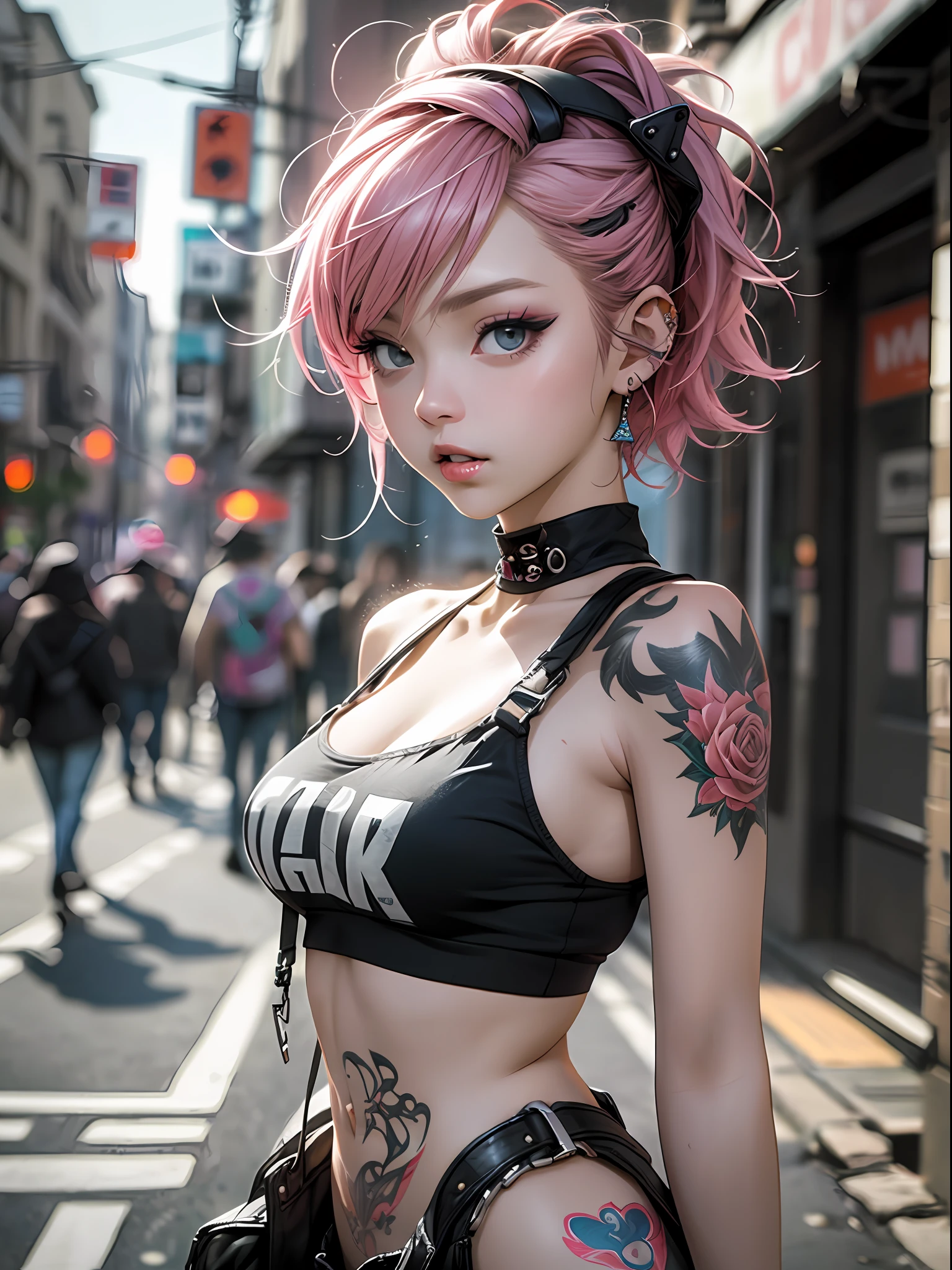 (top-quality、8K、32K、masterpiece、nffsw:1.3)、(Photorealsitic:1.4),18-year-old punk girl,is standing、Wacky punk hair,Radical punk fashion,Tank Tops、、A pink-haired,Wacky makeup、A lot of tattoos、Street background、lensflare、depth of fields,blurry backround,,,,,,,,,,,,