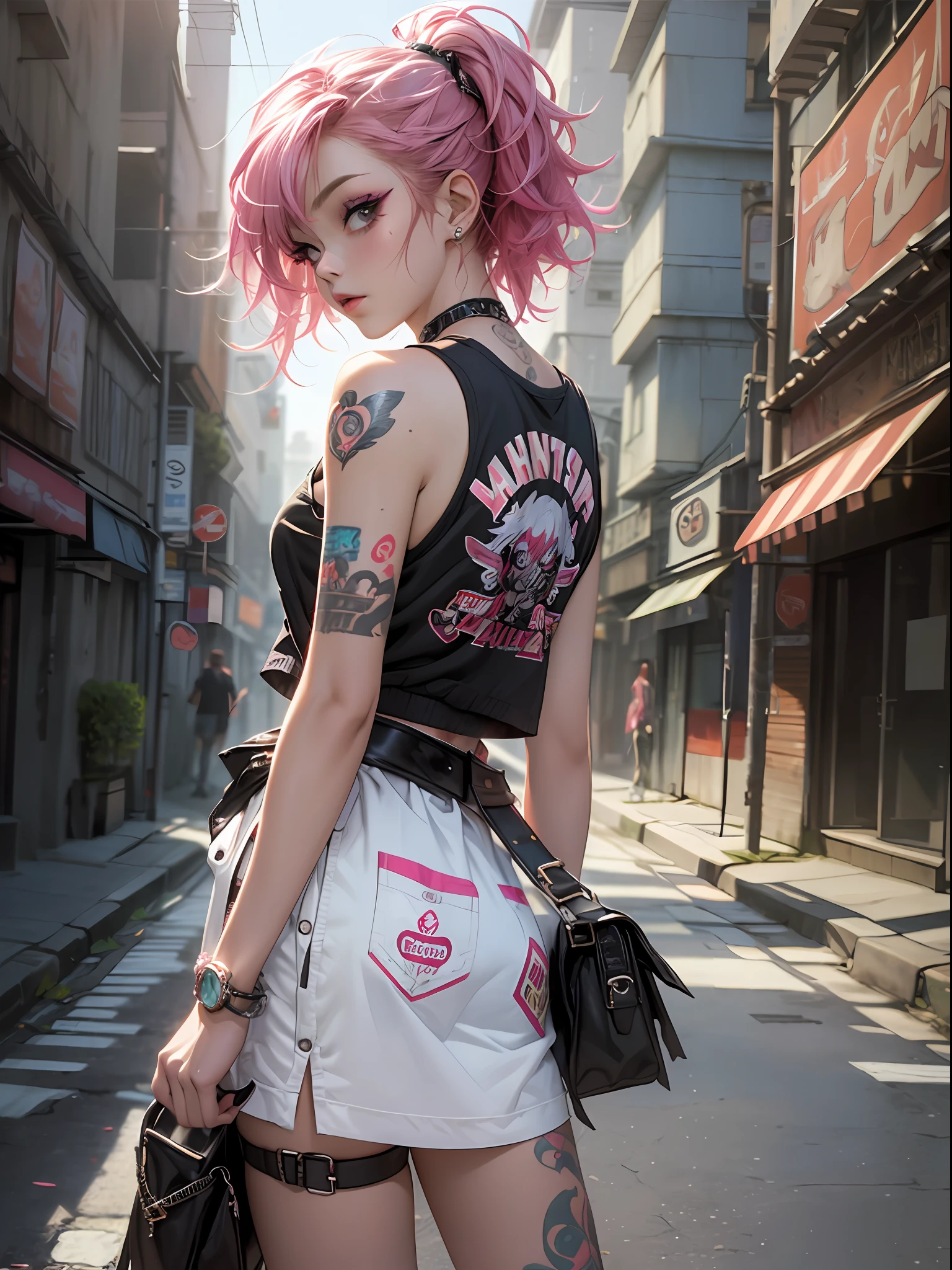 (top-quality、8K、32K、masterpiece、nffsw:1.3)、(Photorealsitic:1.4),18-year-old punk girl,、Wacky punk hair,Radical punk fashion,Tank Tops、Wacky makeup、A pink-haired,、A lot of tattoos、Standing street background、lensflare、depth of fields,blurry backround,,,,,,,,,,,,